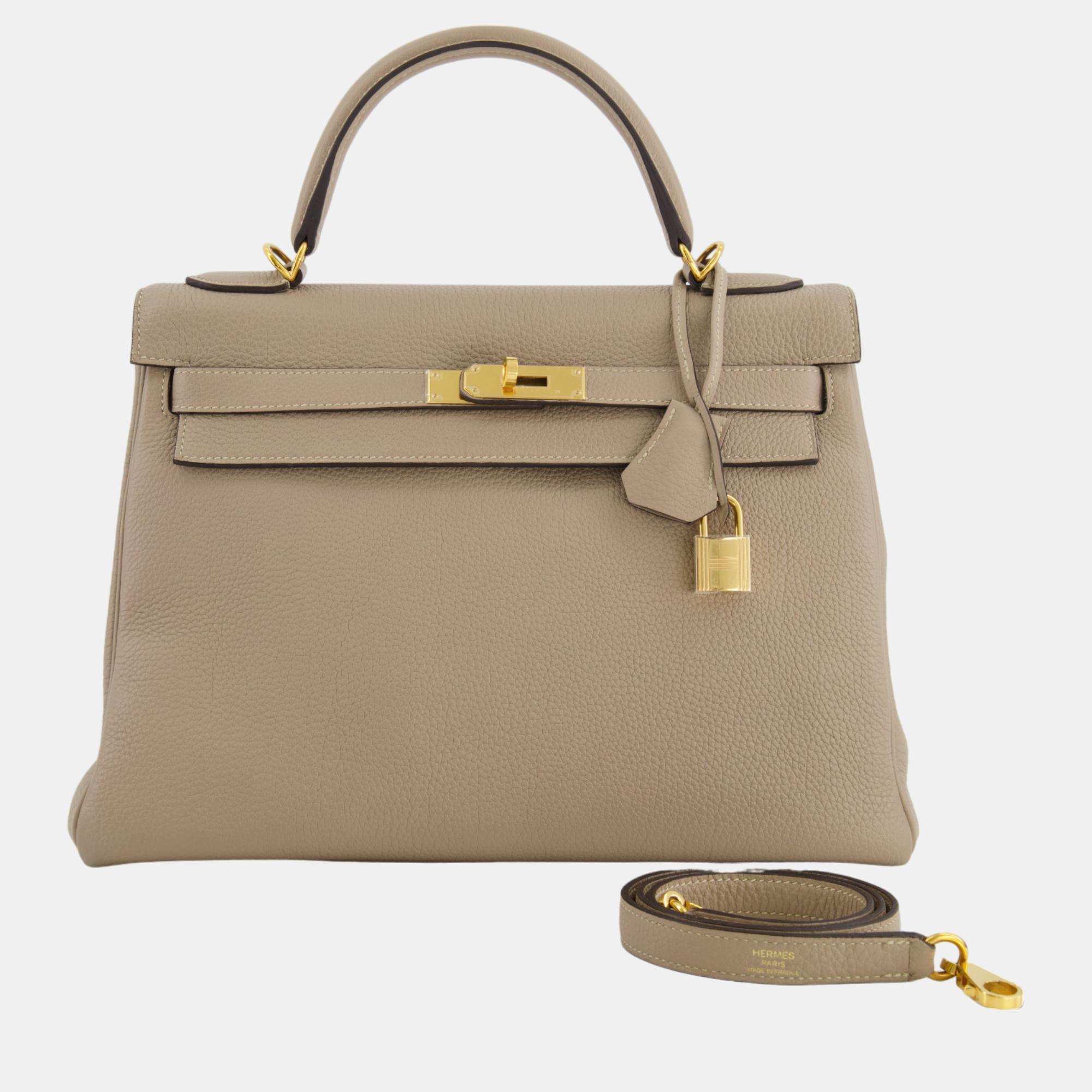 Hermes Kelly 32cm Bag In Gris Tourterelle Clemence Leather With Gold Hardware