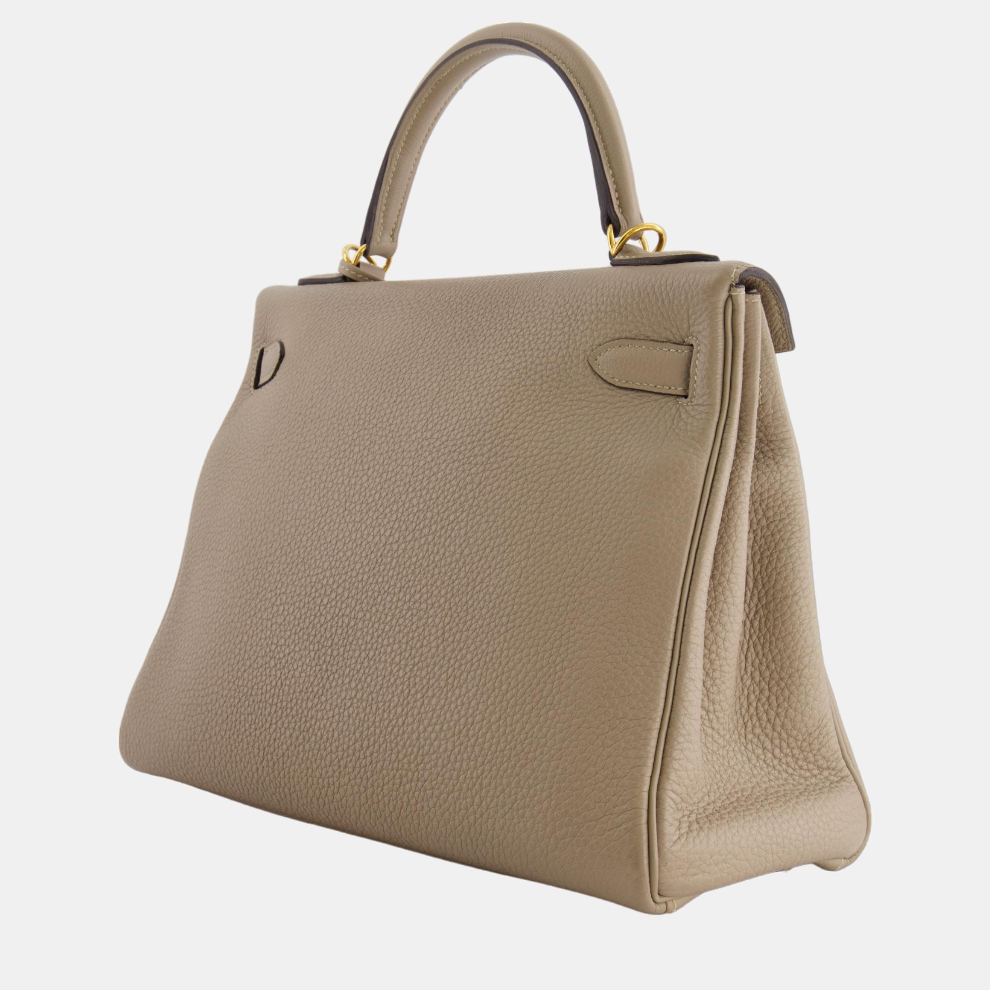 Hermes Kelly 32cm Bag In Gris Tourterelle Clemence Leather With Gold Hardware