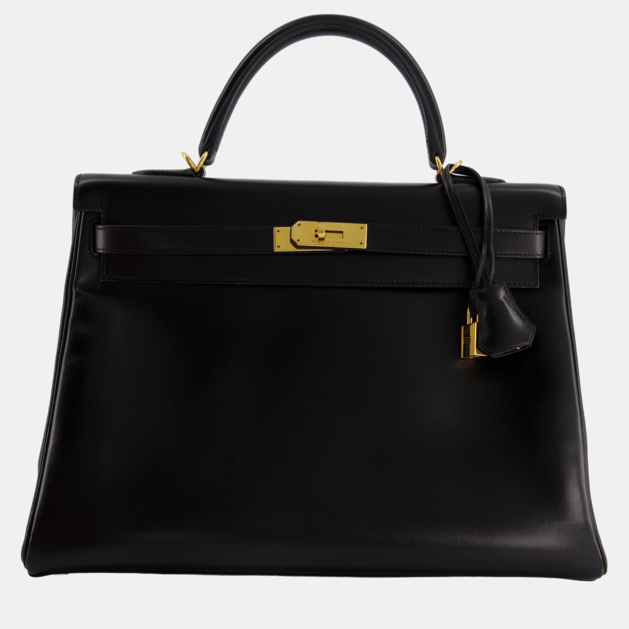 Hermes Black Kelly  35cm In Box Leather With Gold Hardware