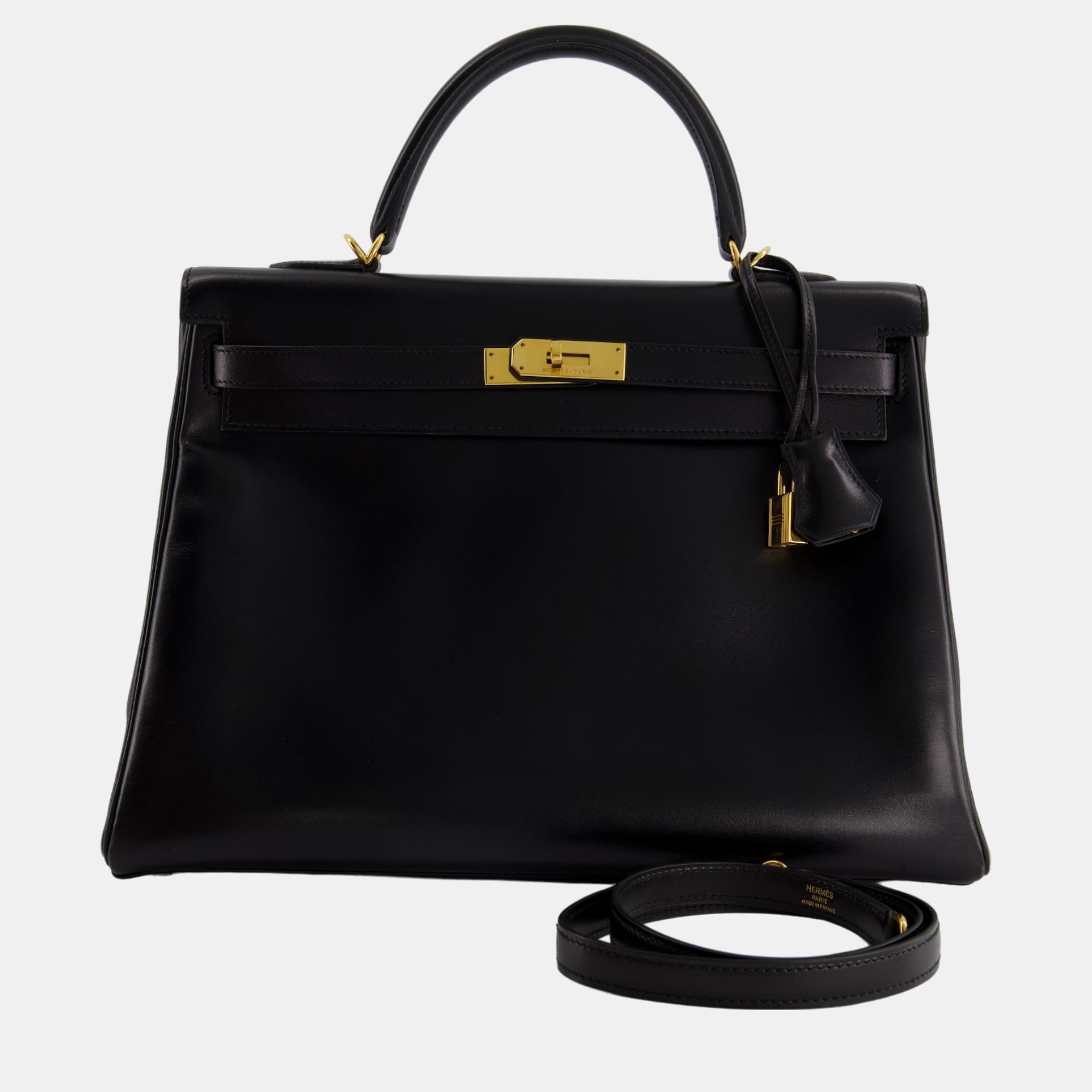 Hermes Black Kelly  35cm In Box Leather With Gold Hardware