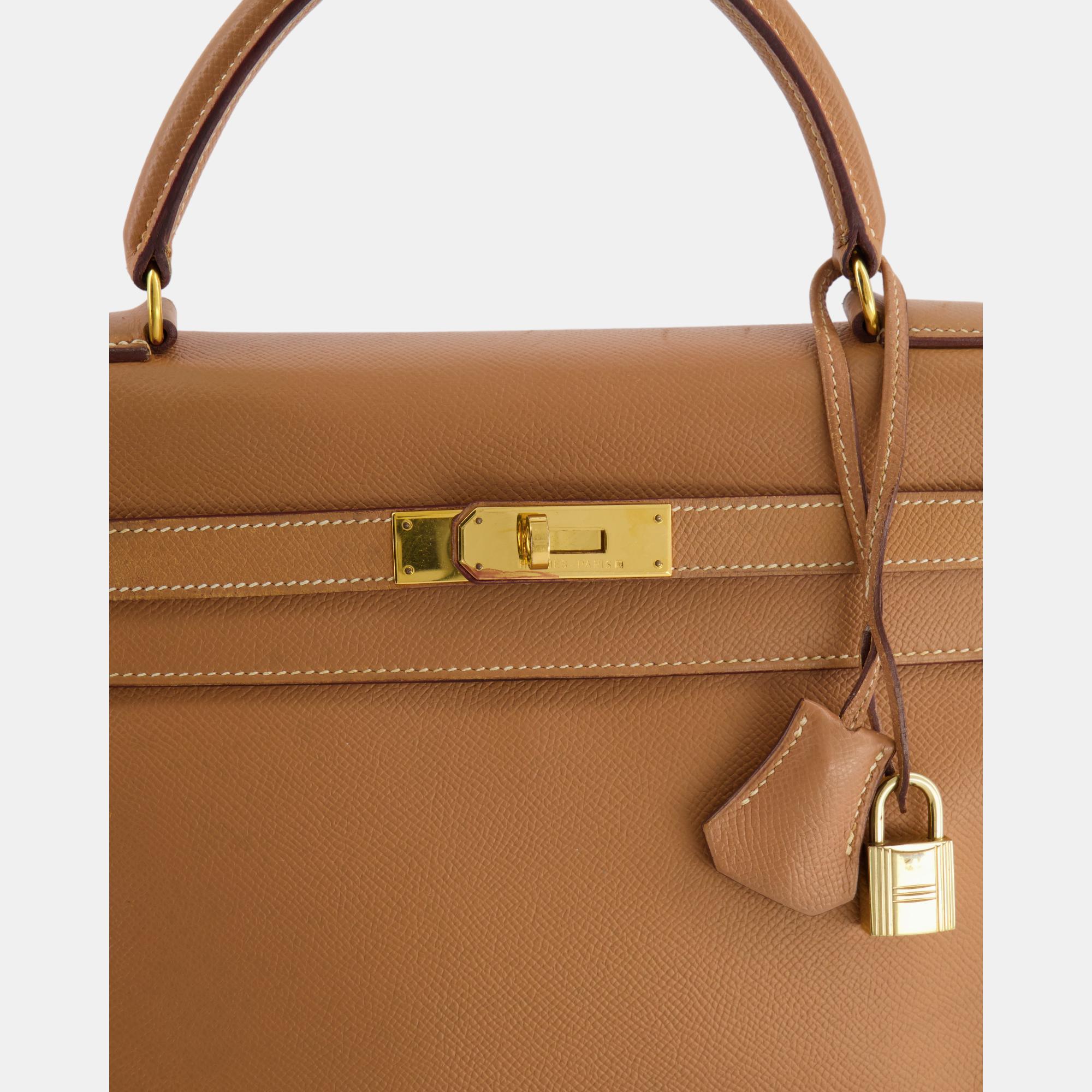 Hermes Vintage Kelly Bag 32cm In Gold Courchevel Leather With Gold Hardware