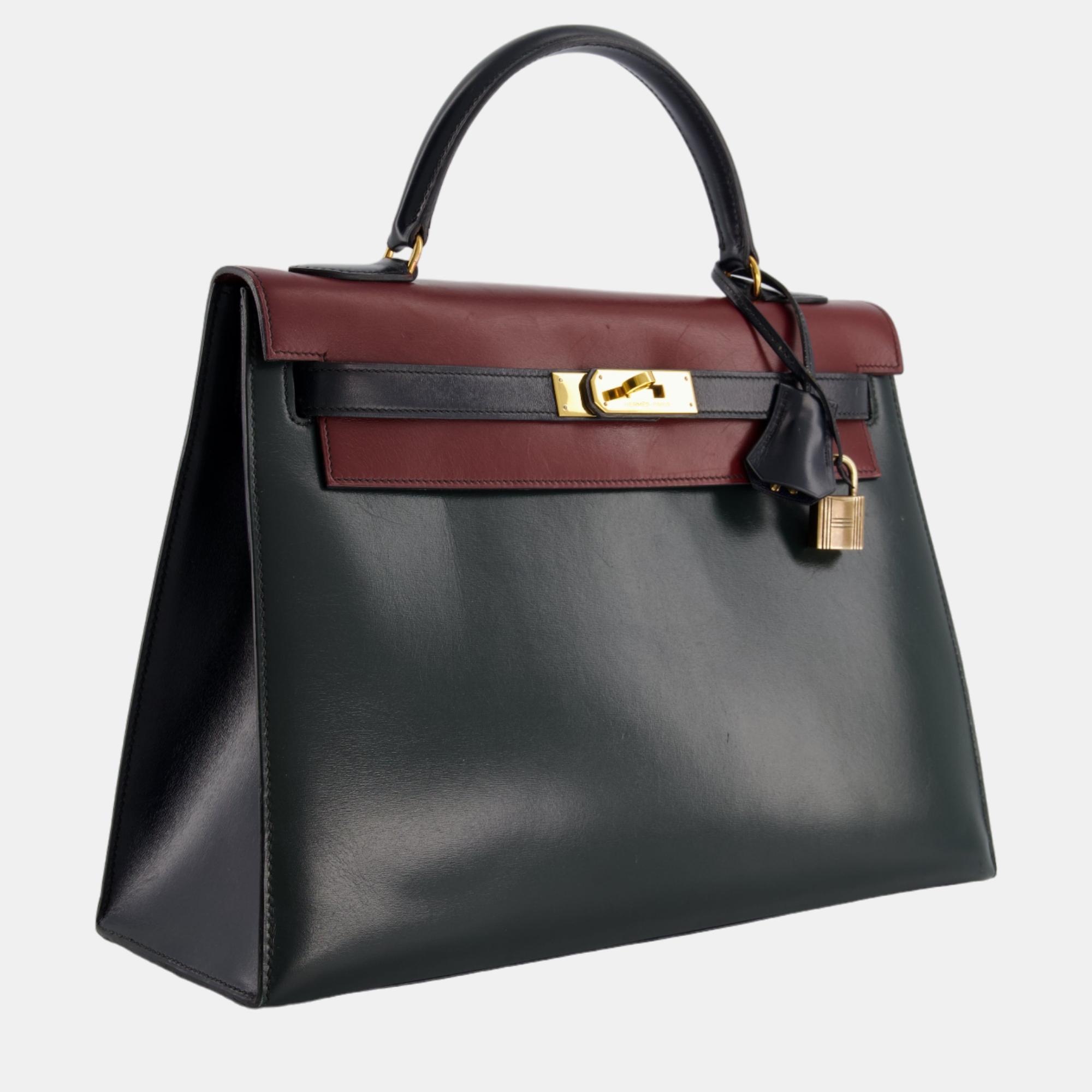 

Hermes Vintage Tri-colour Kelly  Bag in Vert Fonce, Rouge H, and Indigo Box Calf Leather with Gold Hardware, Black