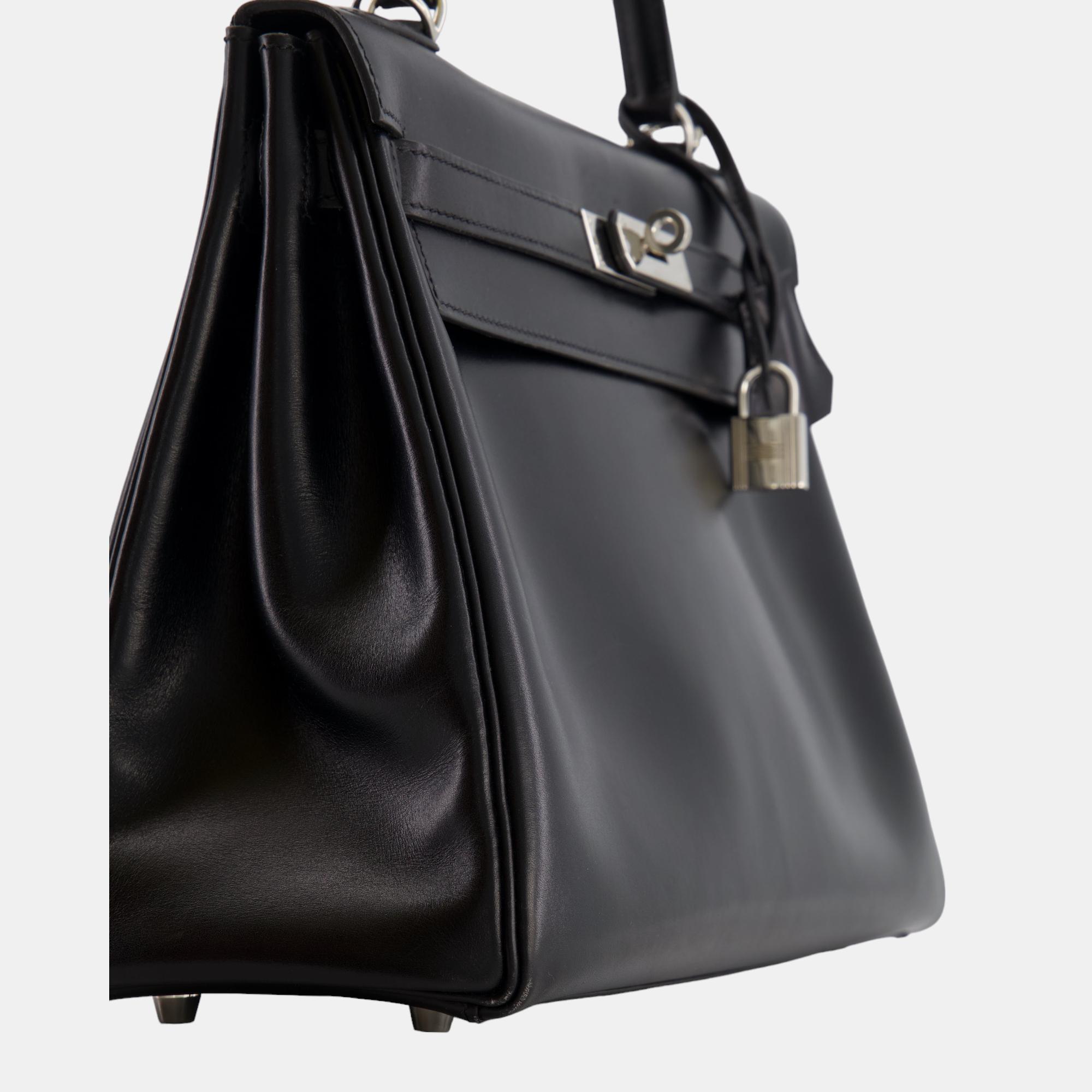 Hermes Kelly Bag 32cm Retourne In Black Box Leather With Palladium Hardware