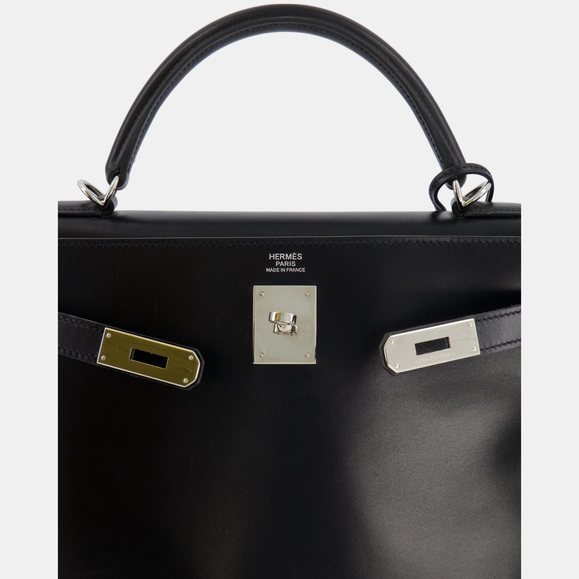 Hermes Kelly Bag 32cm Retourne In Black Box Leather With Palladium Hardware