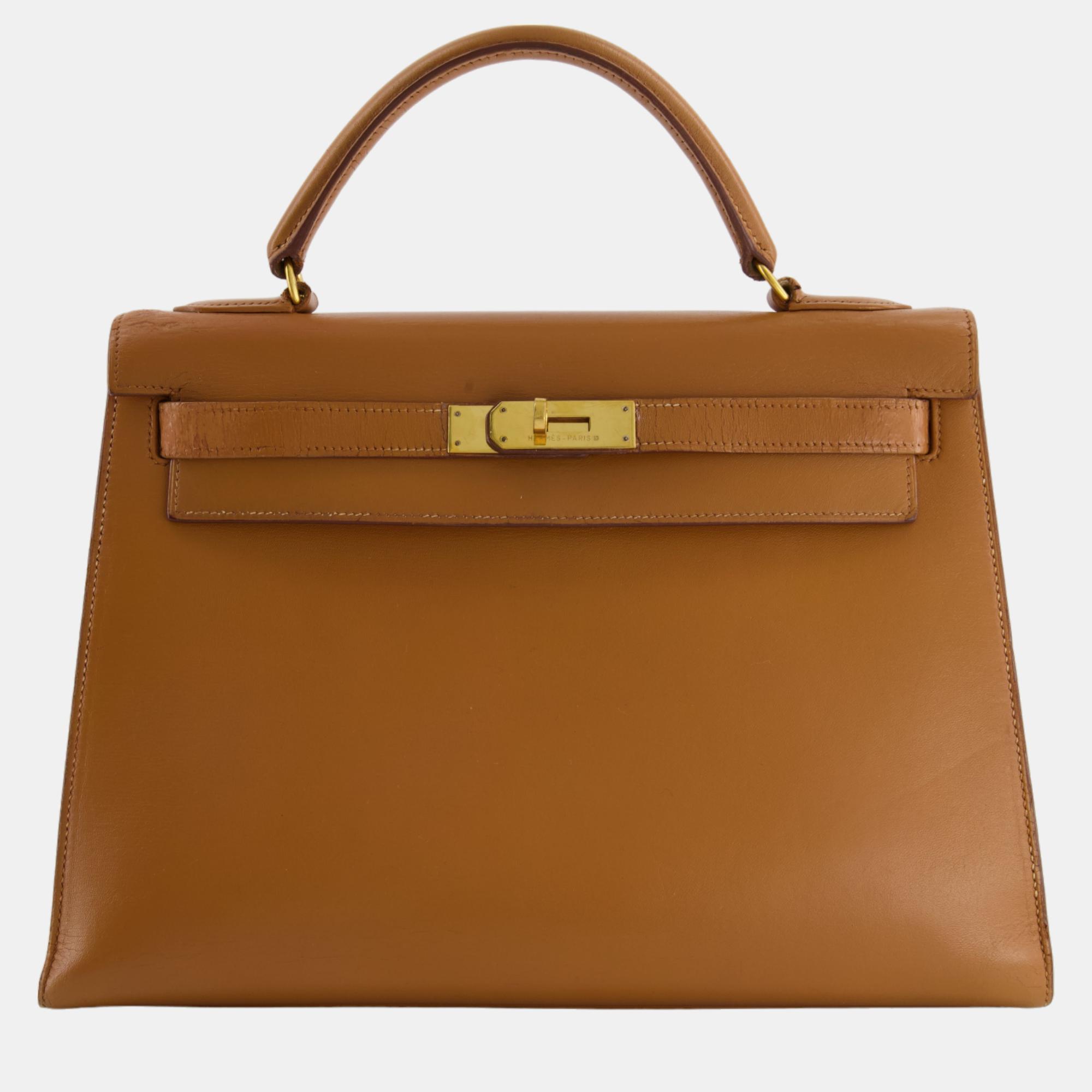 Hermes Vintage Kelly Bag 32cm In Gold Box Leather And Gold Hardware