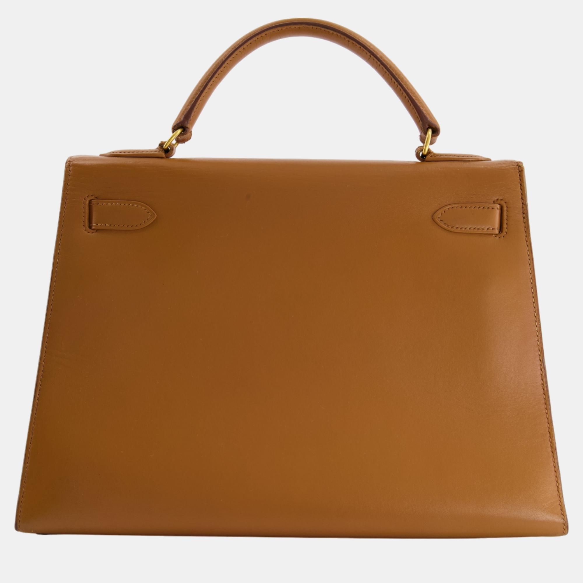 Hermes Vintage Kelly Bag 32cm In Gold Box Leather And Gold Hardware