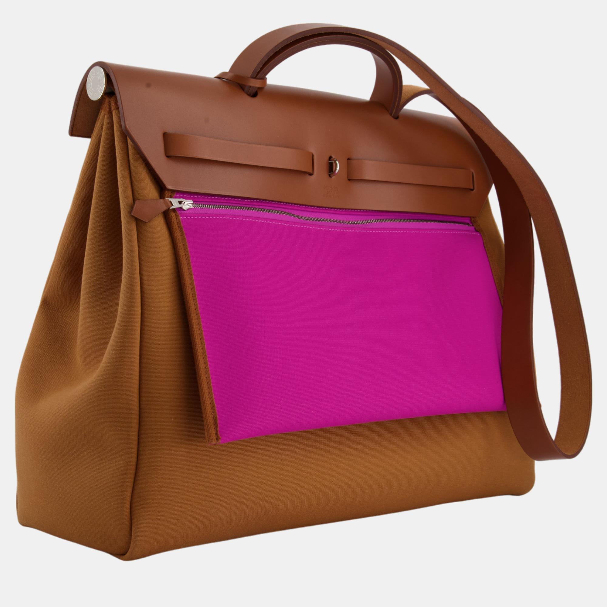 Hermes Herbag 39 In Gold And Fuchsia Canvas And Palladium Hardware