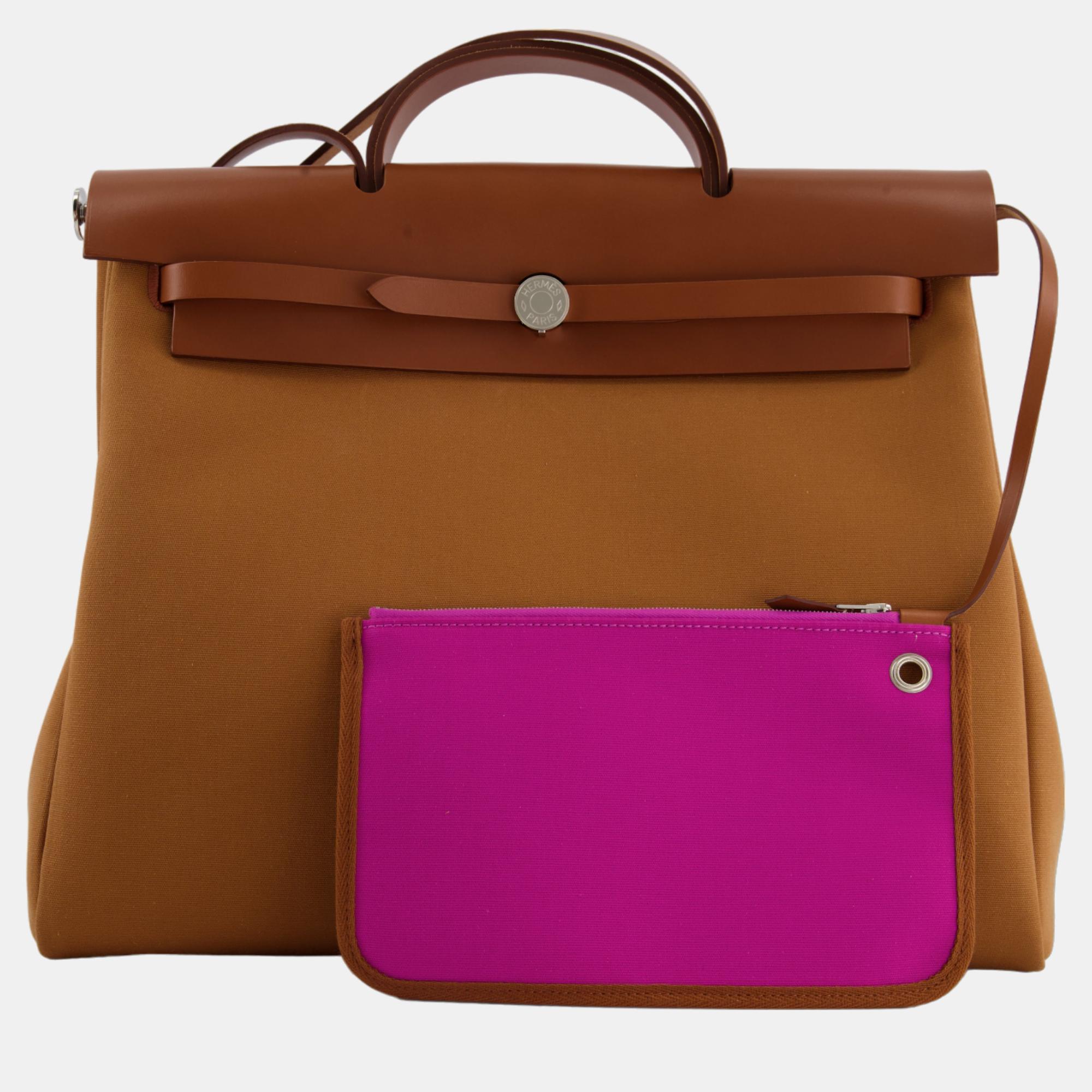 Hermes Herbag 39 In Gold And Fuchsia Canvas And Palladium Hardware