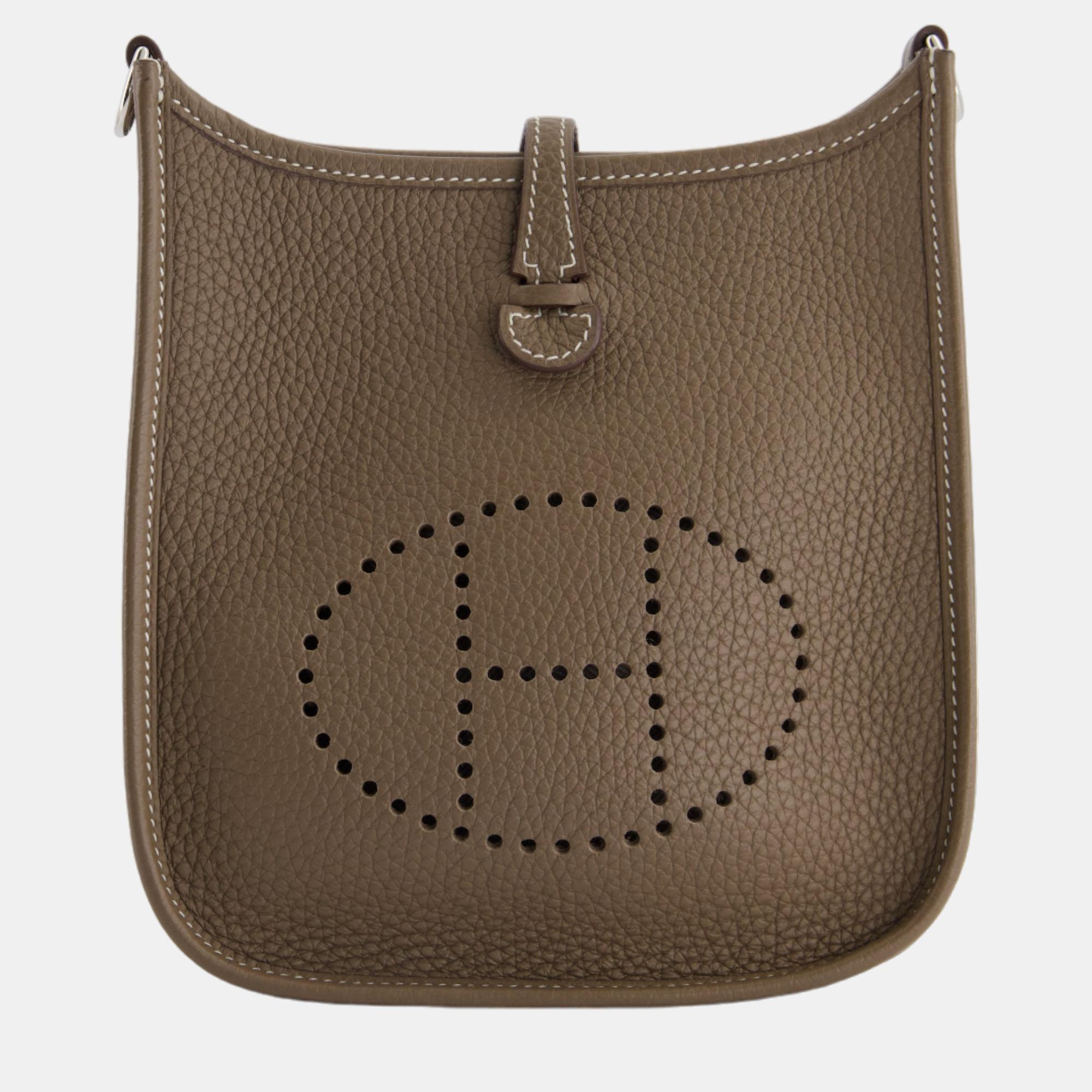 Hermes Mini Evelyne Bag In Etoupe Togo Leather With Palladium Hardware
