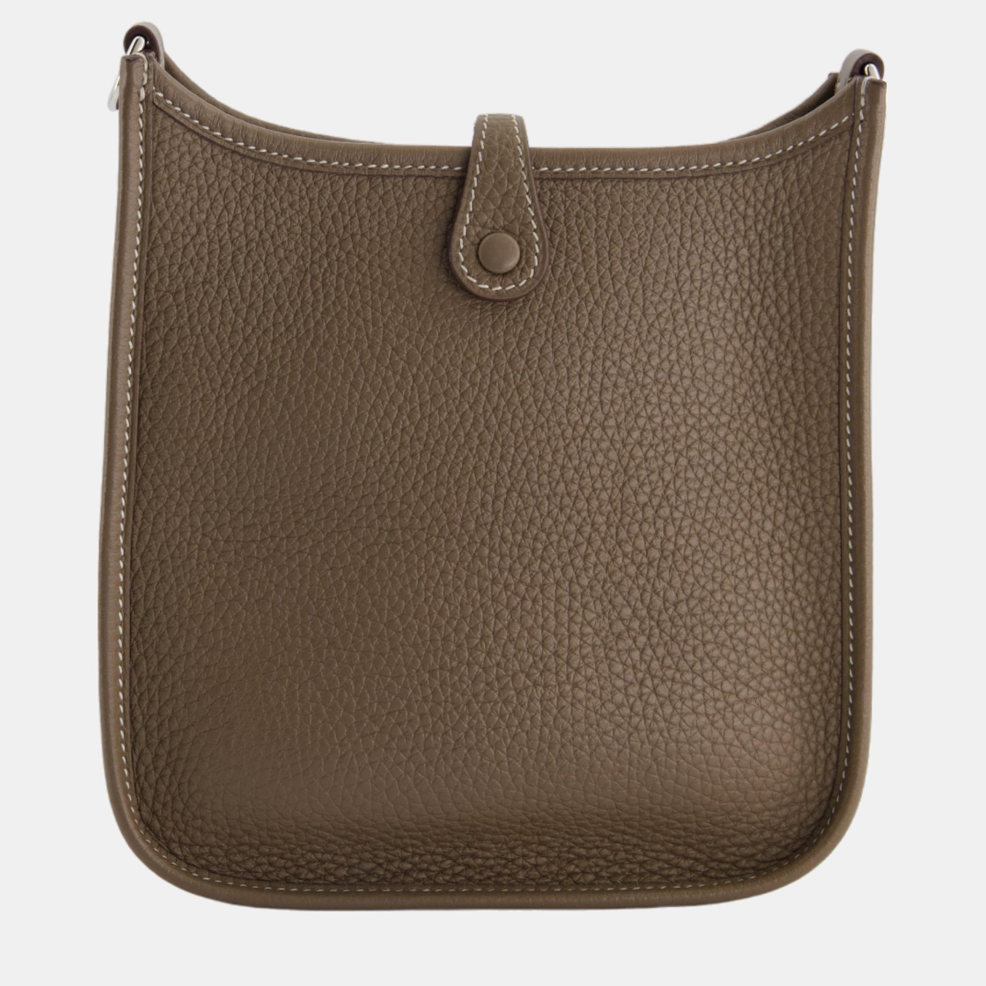 Hermes Mini Evelyne Bag In Etoupe Togo Leather With Palladium Hardware