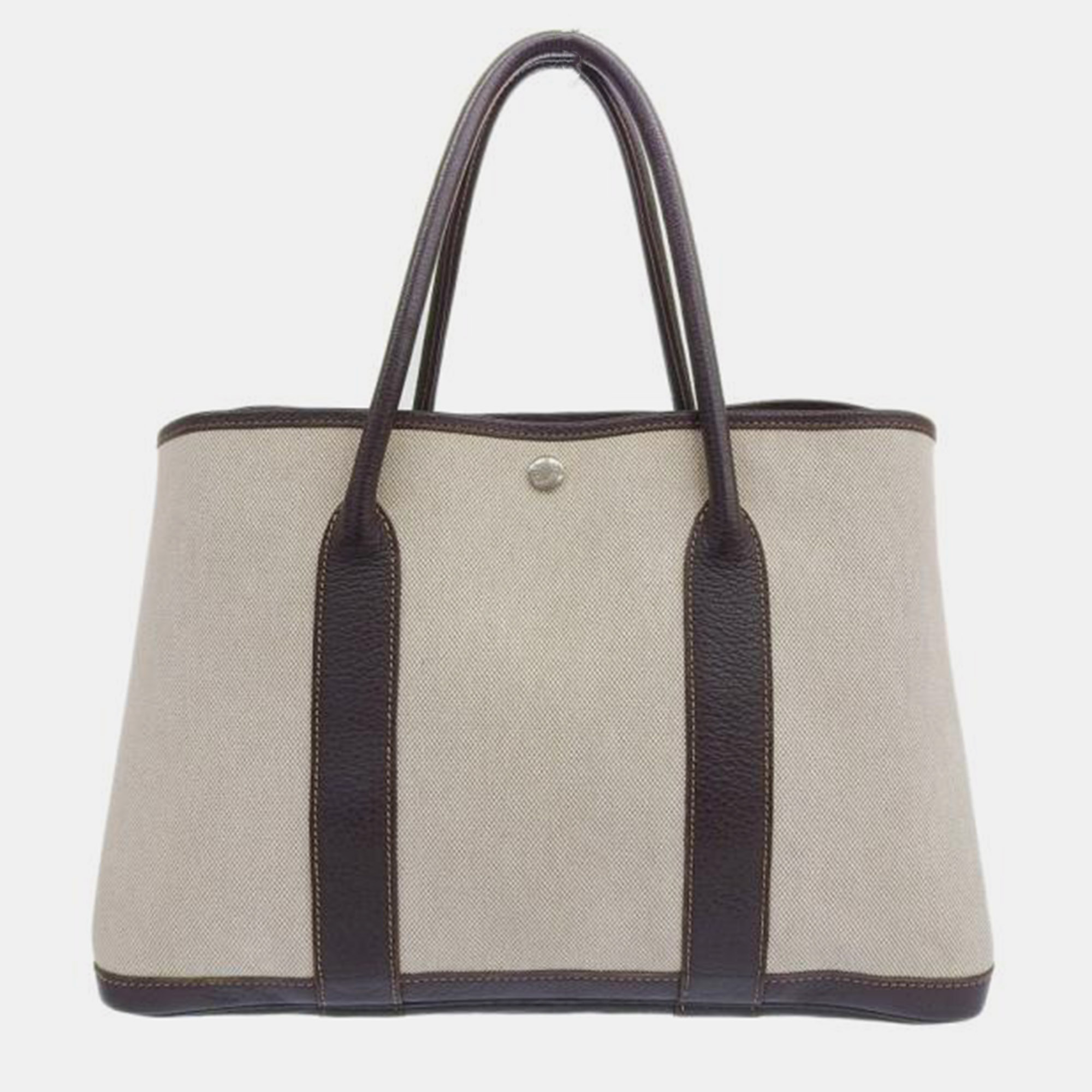 Hermes Brown Leather Canvas Garden Party PM Tote Bag