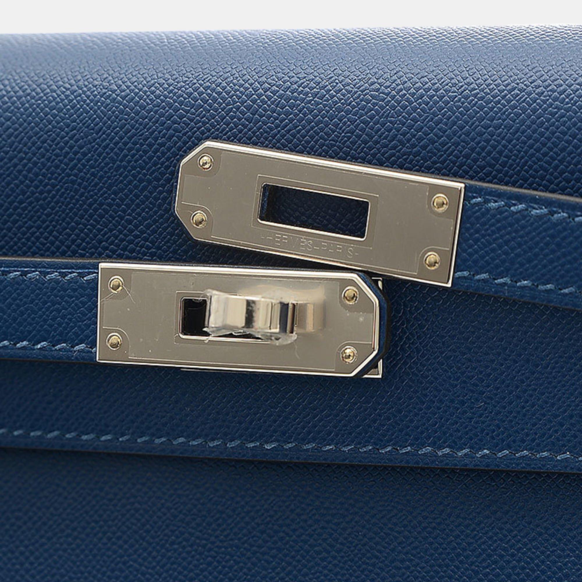 Hermes Kelly Elan Handbag Vaux Madame Deep Blue Silver Hardware B Engraved