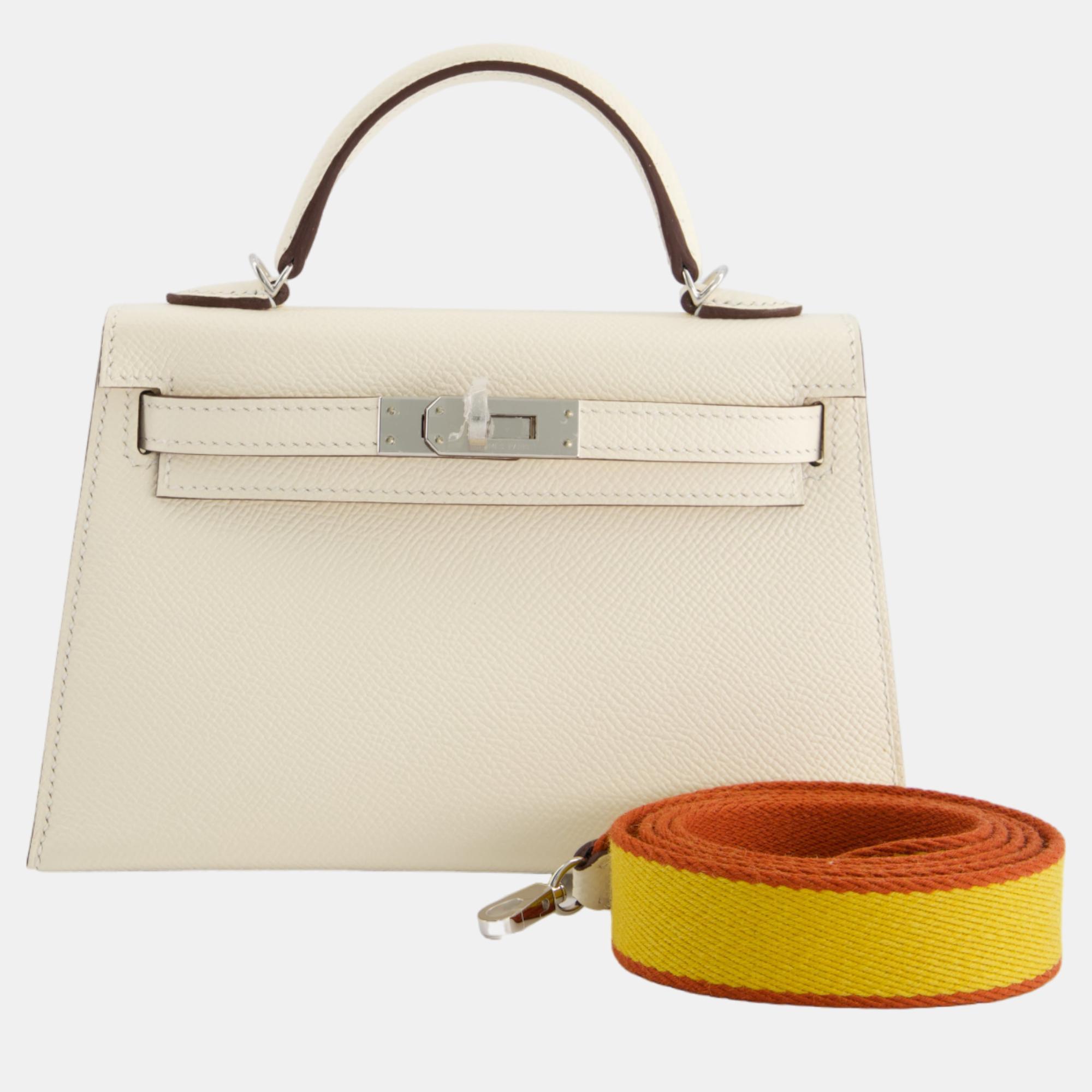 Hermes Mini Kelly II Sellier 20cm In Nata Epsom Leather With Palladium Hardware & Fabric Strap In Jaune & Ambre-Brique