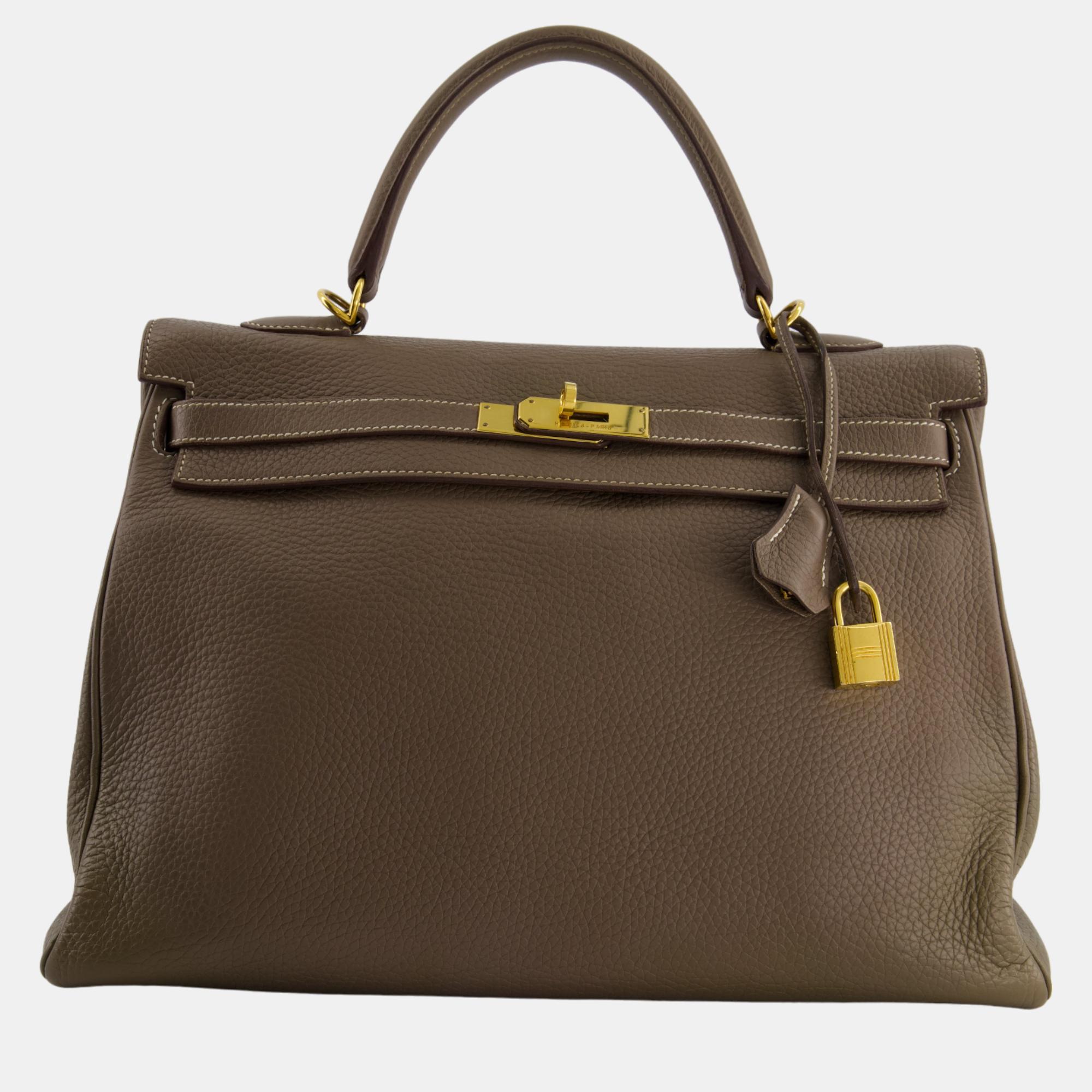 Hermes Kelly Bag 35cm Etoupe Clemence Leather With Gold Hardware