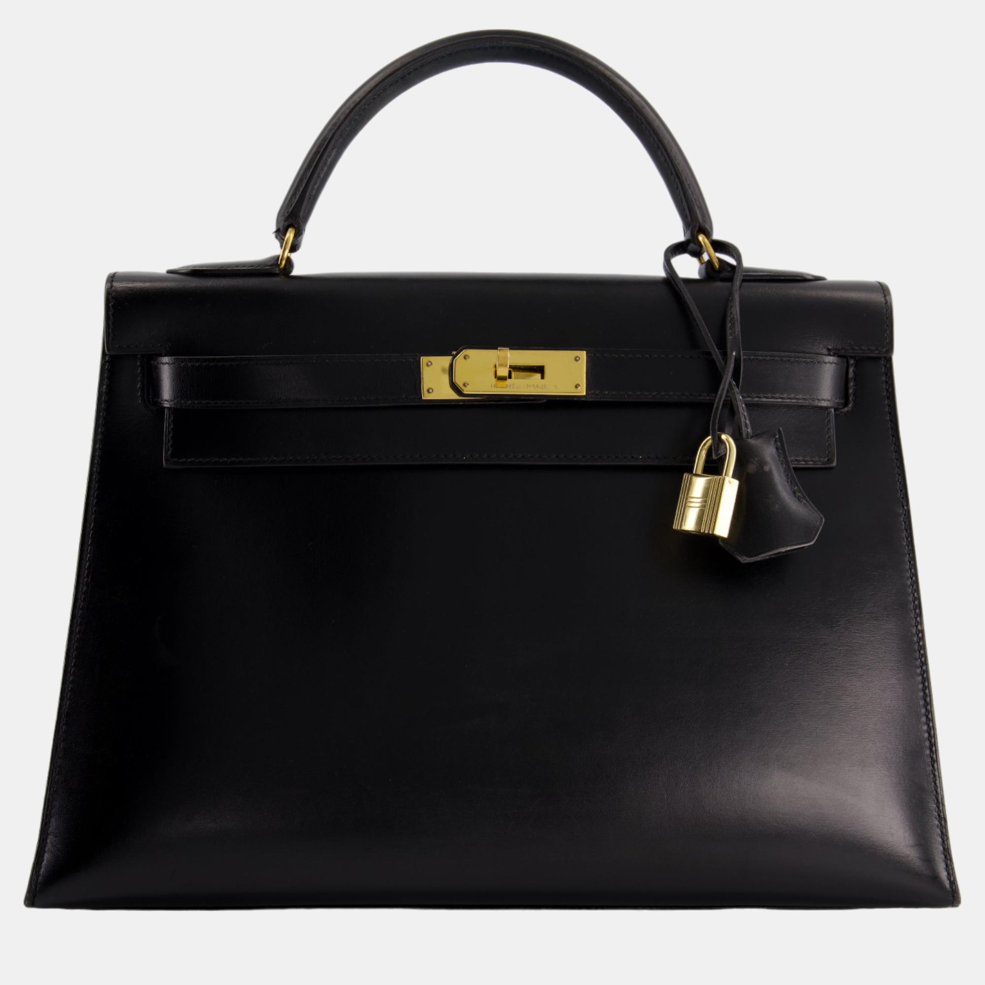 Hermes Vintage Kelly 32cm Sellier In Black Box Calf Leather With Gold Hardware