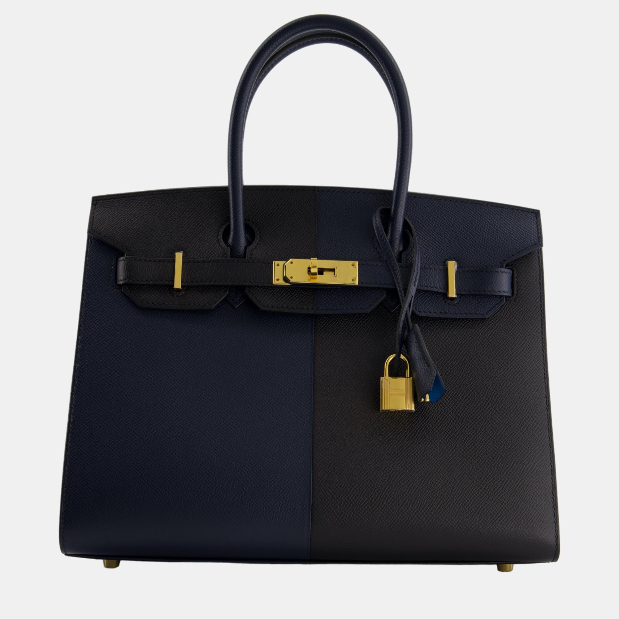 Hermes Birkin Bag 30cm Casaque Sellier Verso In Blue Indigo And Black Epsom Leather With Gold Hardware