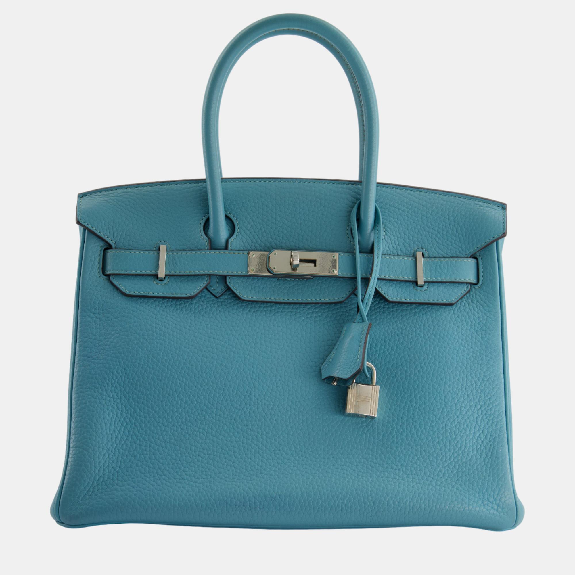 Hermes Birkin Retourne 30cm Bag In Blue Atoll Clemence Leather With Palladium Hardware