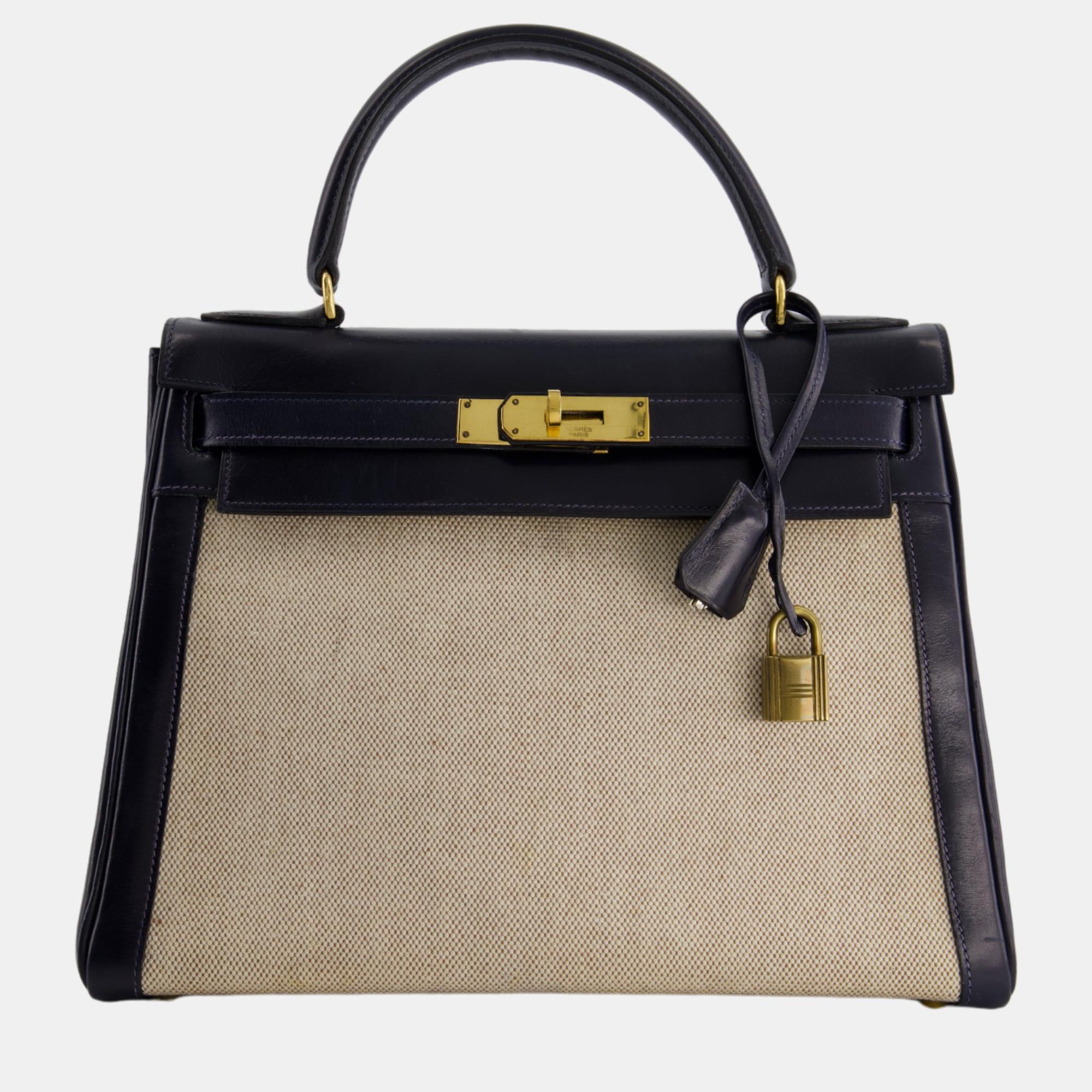 Hermes Vintage Kelly 28cm Bag In Ecru Canvas And Navy Box Leather With Gold Hardware