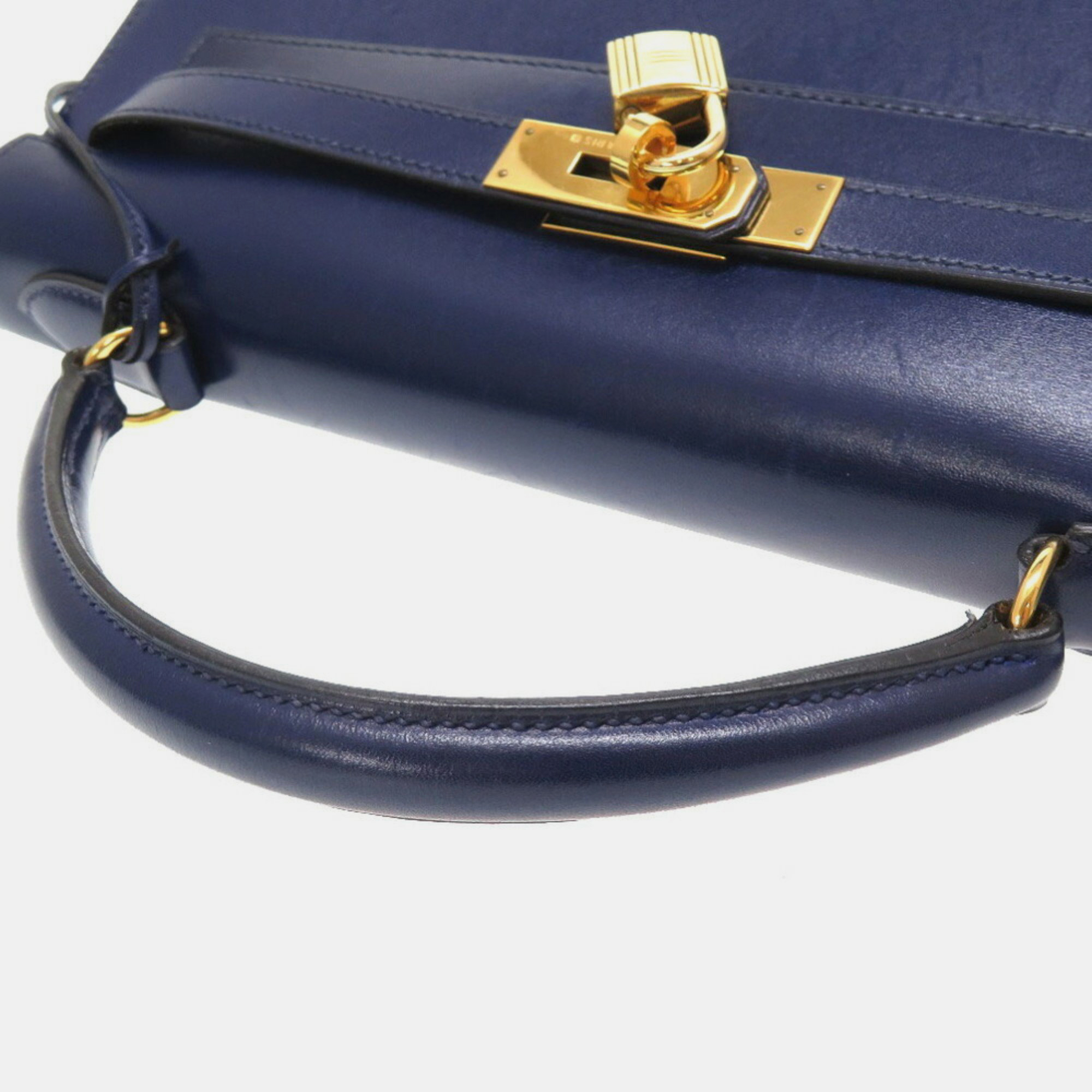 Hermes Kelly 32 Outer Sewing Box Calf Blue Roy Y Stamped Handbag