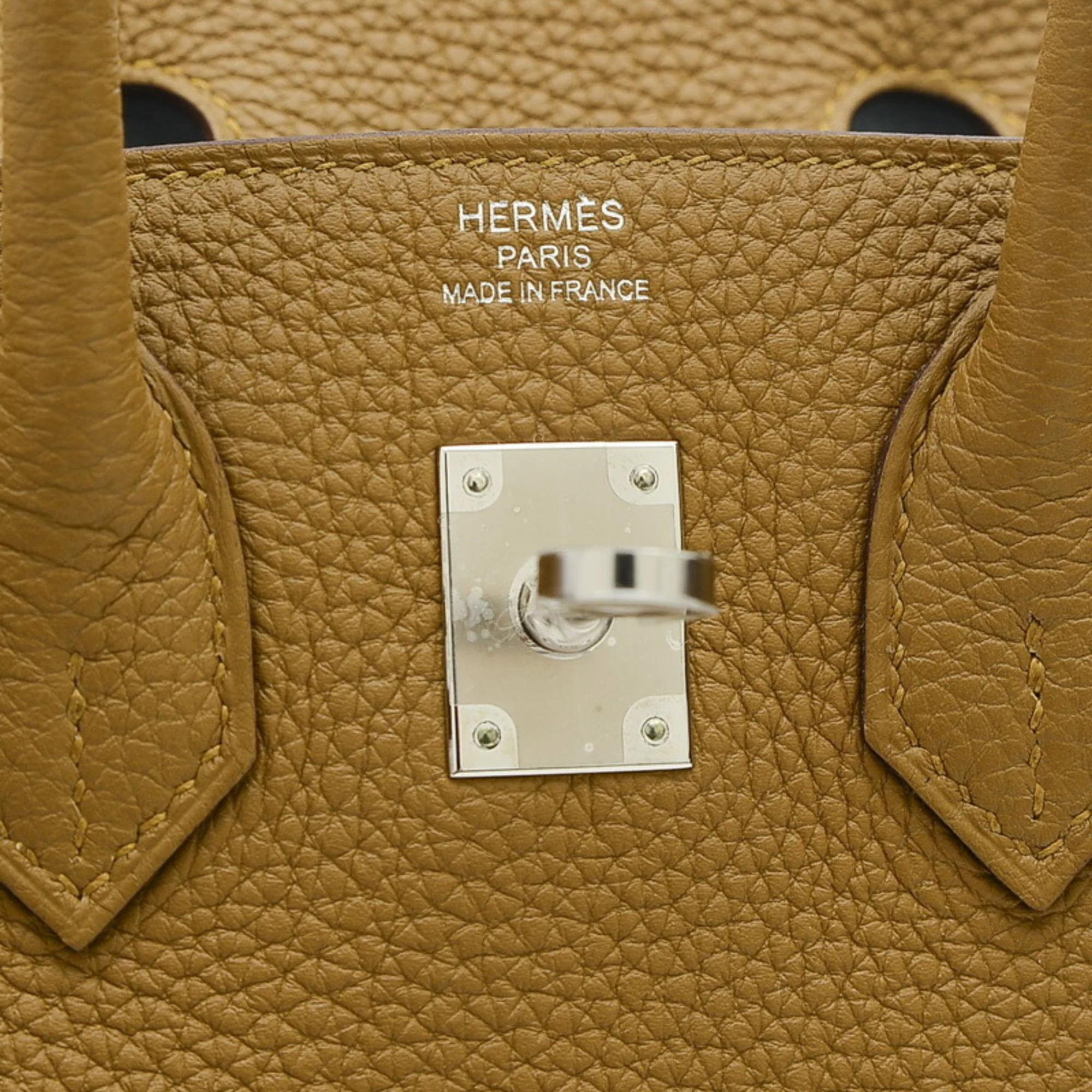 Hermes Birkin 25 Verso Handbag Togo Bronze Dore/Blue Blum Silver Hardware Z Engraved