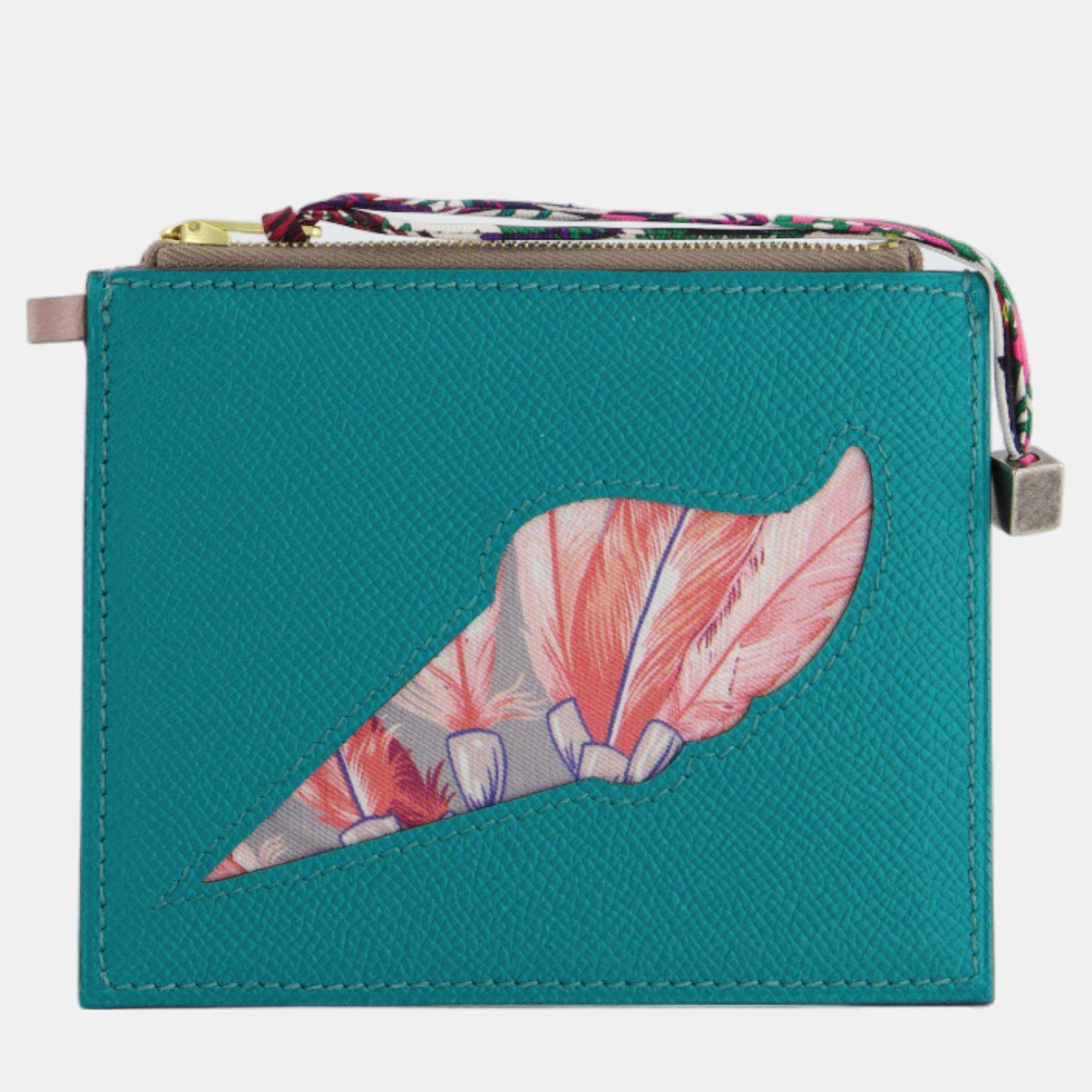 Hermes petit h coin purse in cactus and cognac epsom and togo leather with printed silk detail