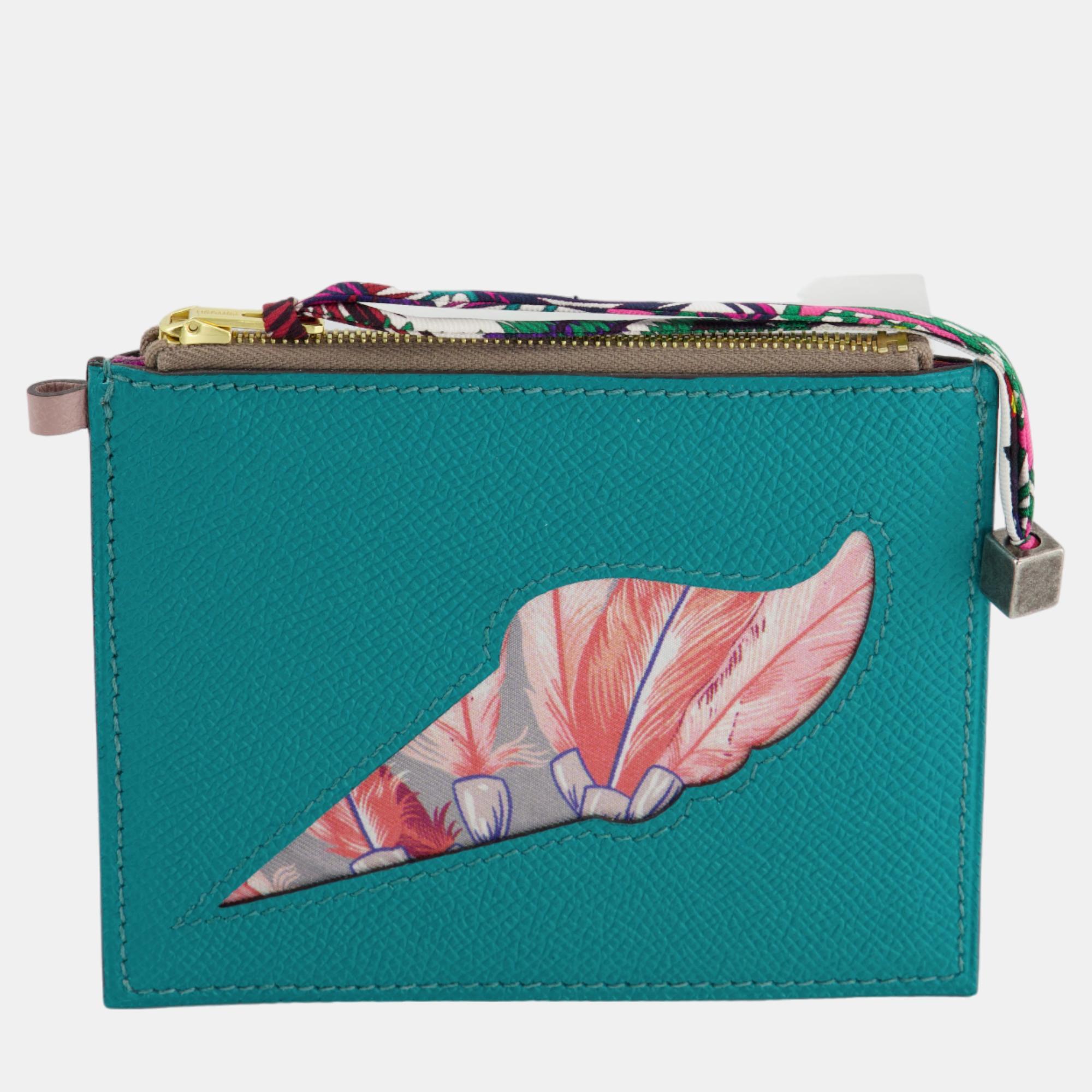 Hermes Petit H Coin Purse In Cactus And Cognac Epsom And Togo Leather With Printed Silk Detail