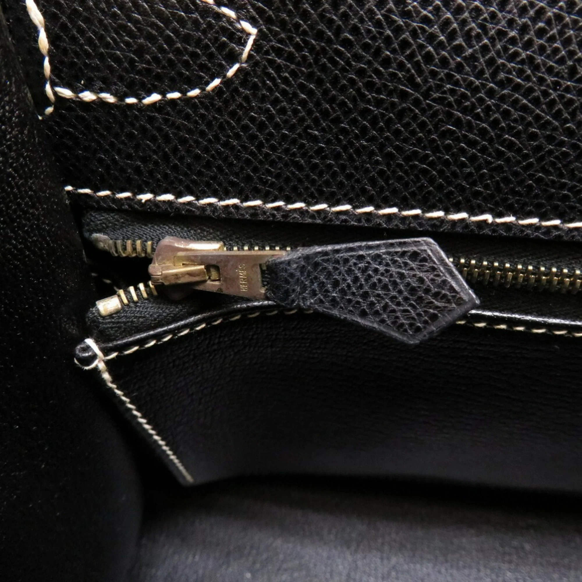 Hermes Kelly 28 Outside Stitch Lycee Black White □E Stamp Handbag Bag 0082 HERMES