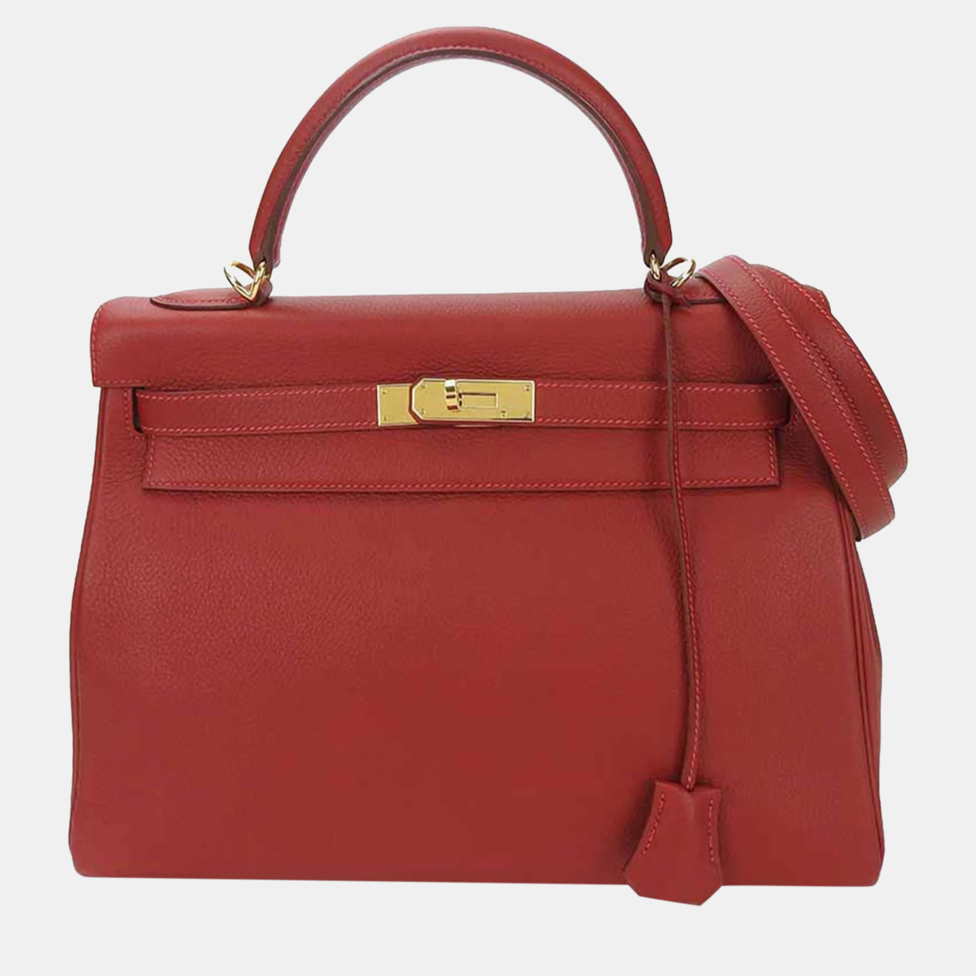 Hermes Kelly 32 â–¡F Engraved Handbag Shoulder Togo Rouge Red Ladies HERMES Hand Bag