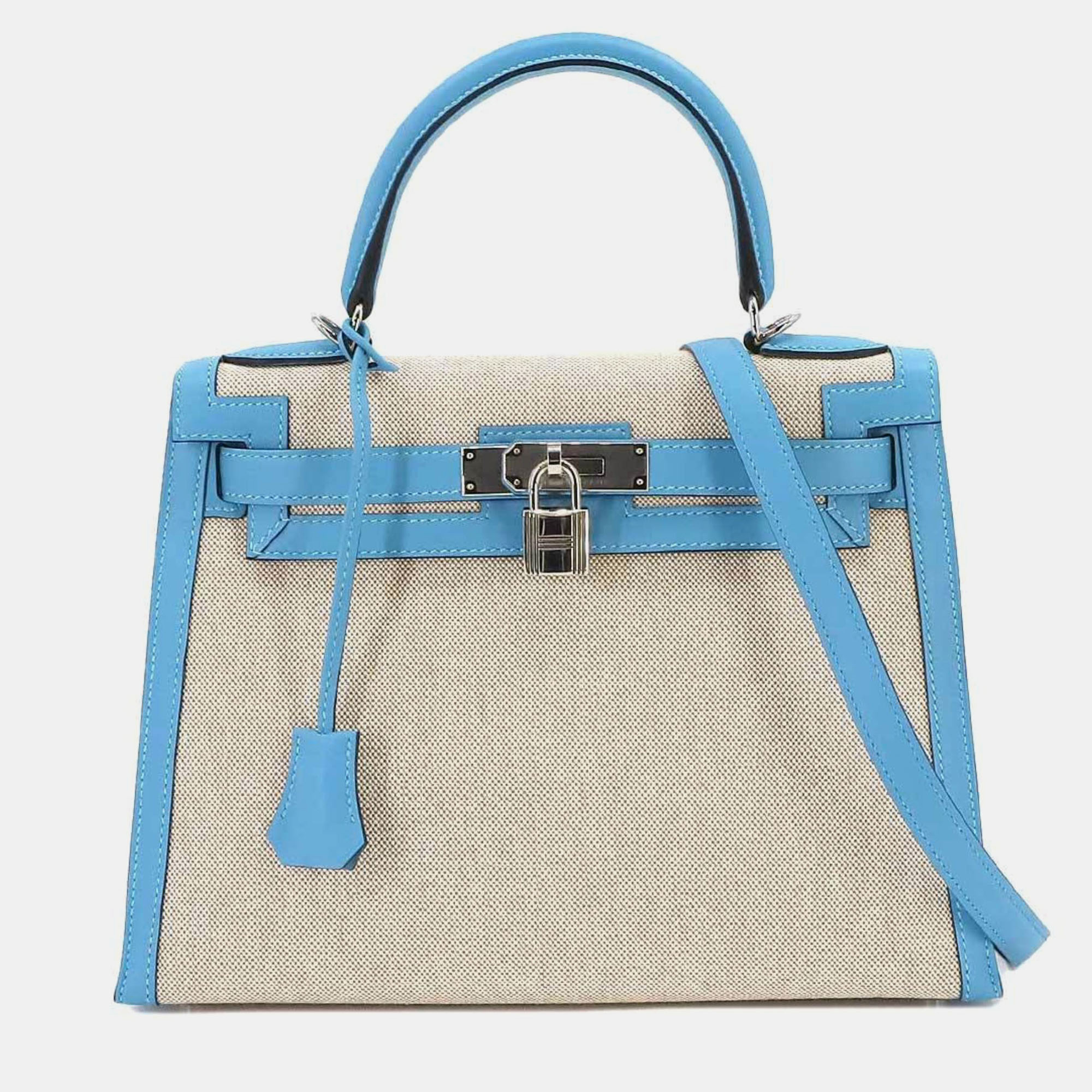 Hermes hermes kelly 28 2way hand shoulder bag toile ash swift ecru bleu du nord d engraved outside stitching silver hardware