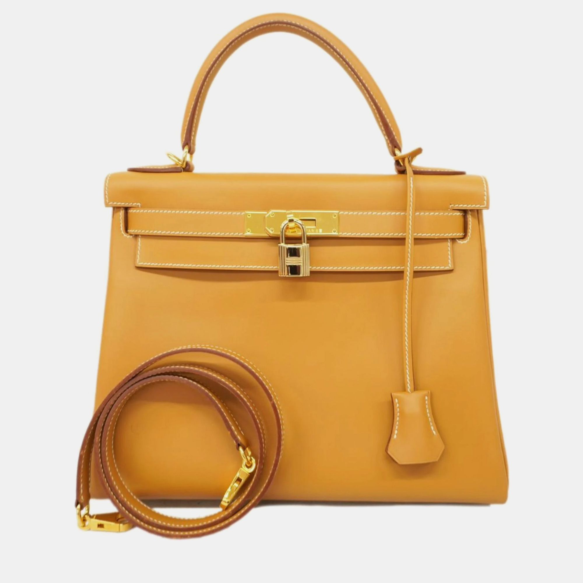 Hermes handbag kelly 28 &#9633;e stamp vache natural gold hardware women's