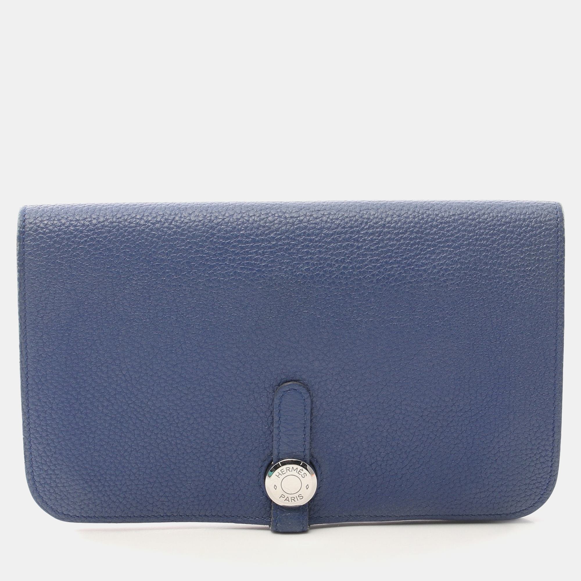 Hermes dogon gm bi-fold long wallet togo blue silver hardware t stamp