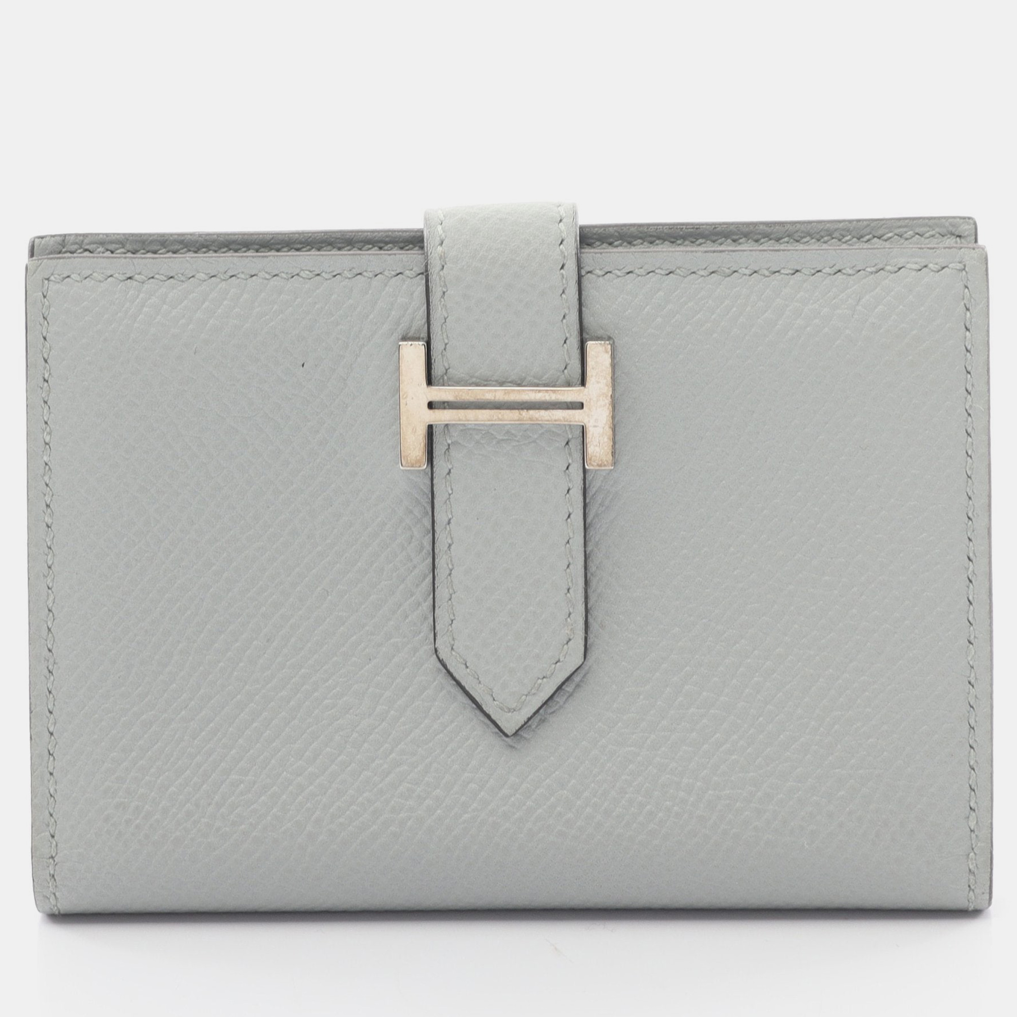 Hermes bearn mini blue pale card case veau epsom light gray silver hardware c engraved