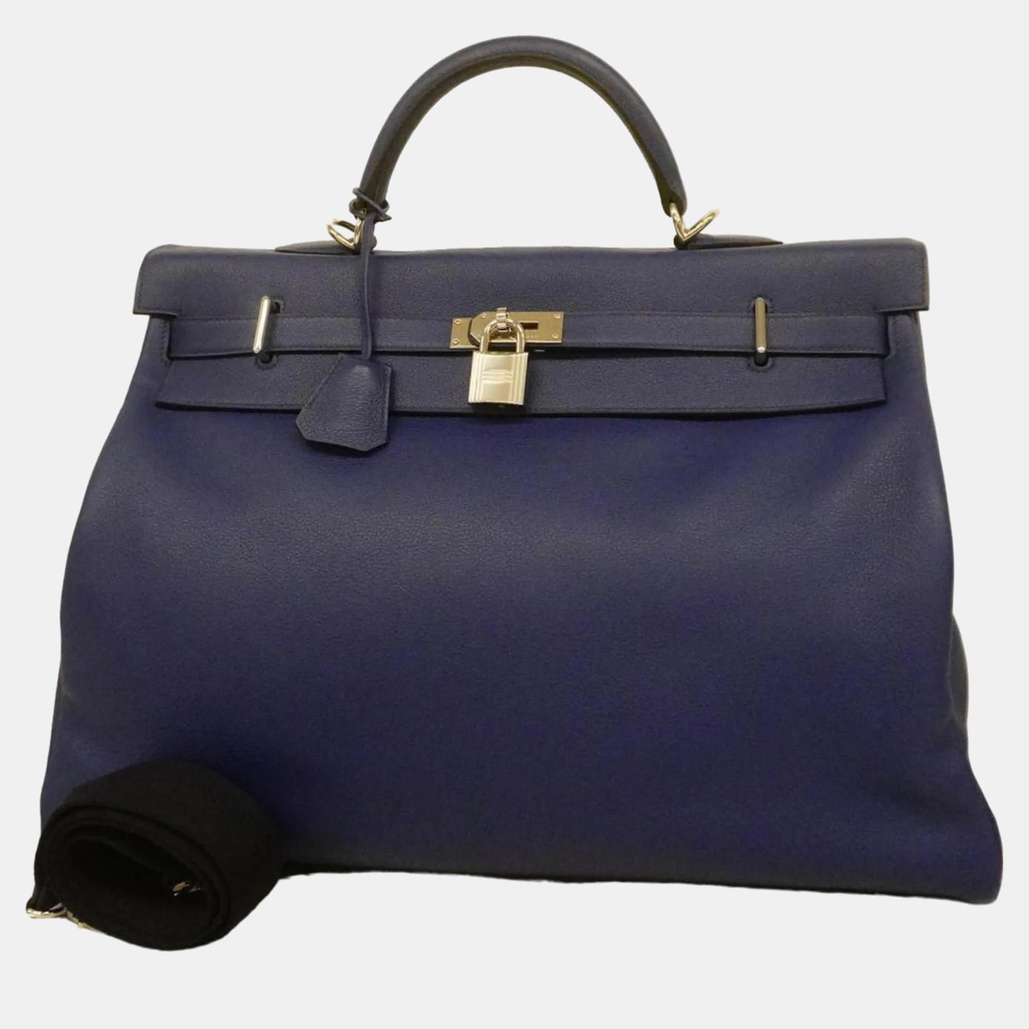 Hermes biyo blue electric taurillon kelly 50 d engraved ladies handbag