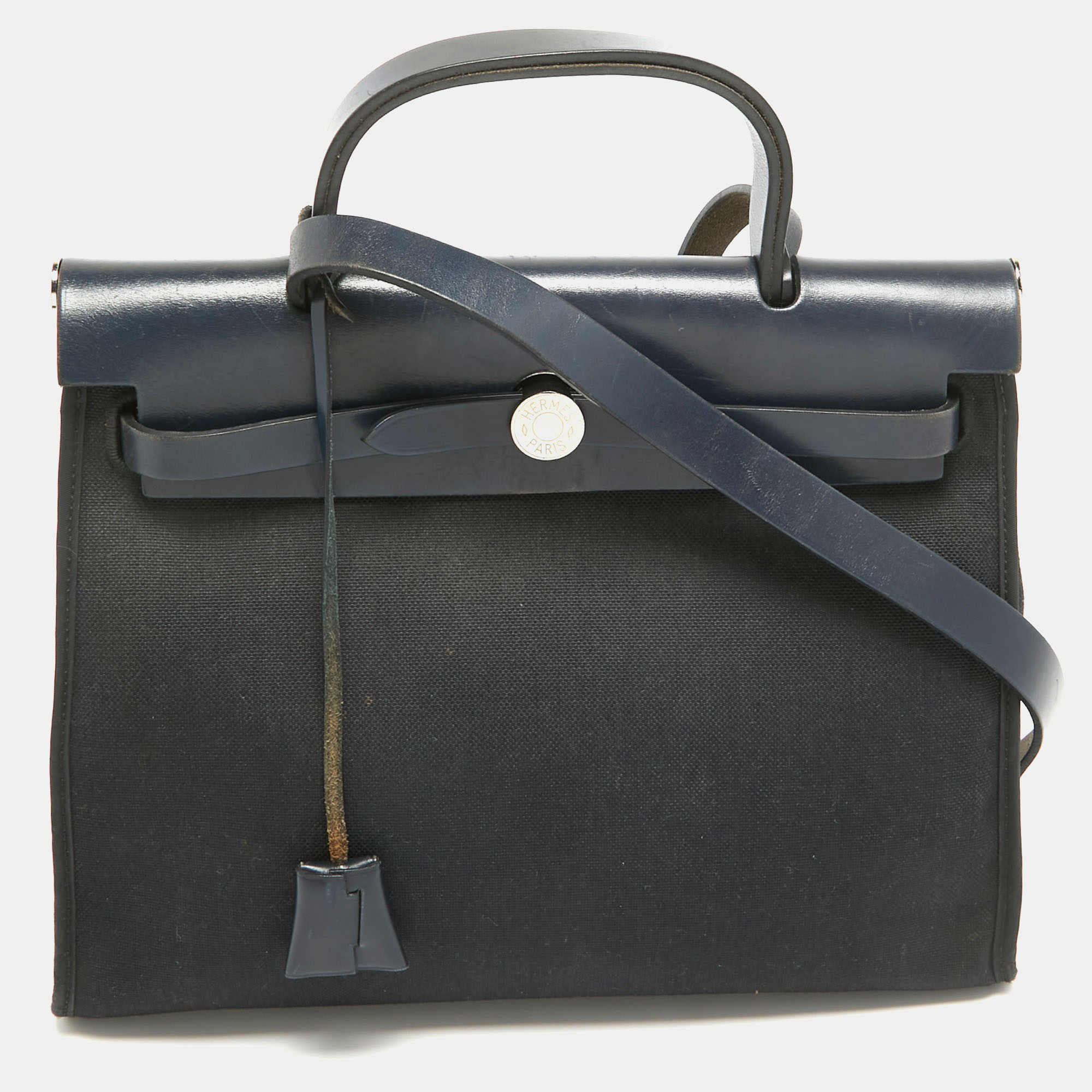 

Hermes Bleu Index/Black Canvas and Leather Herbag Zip PM Bag, Blue