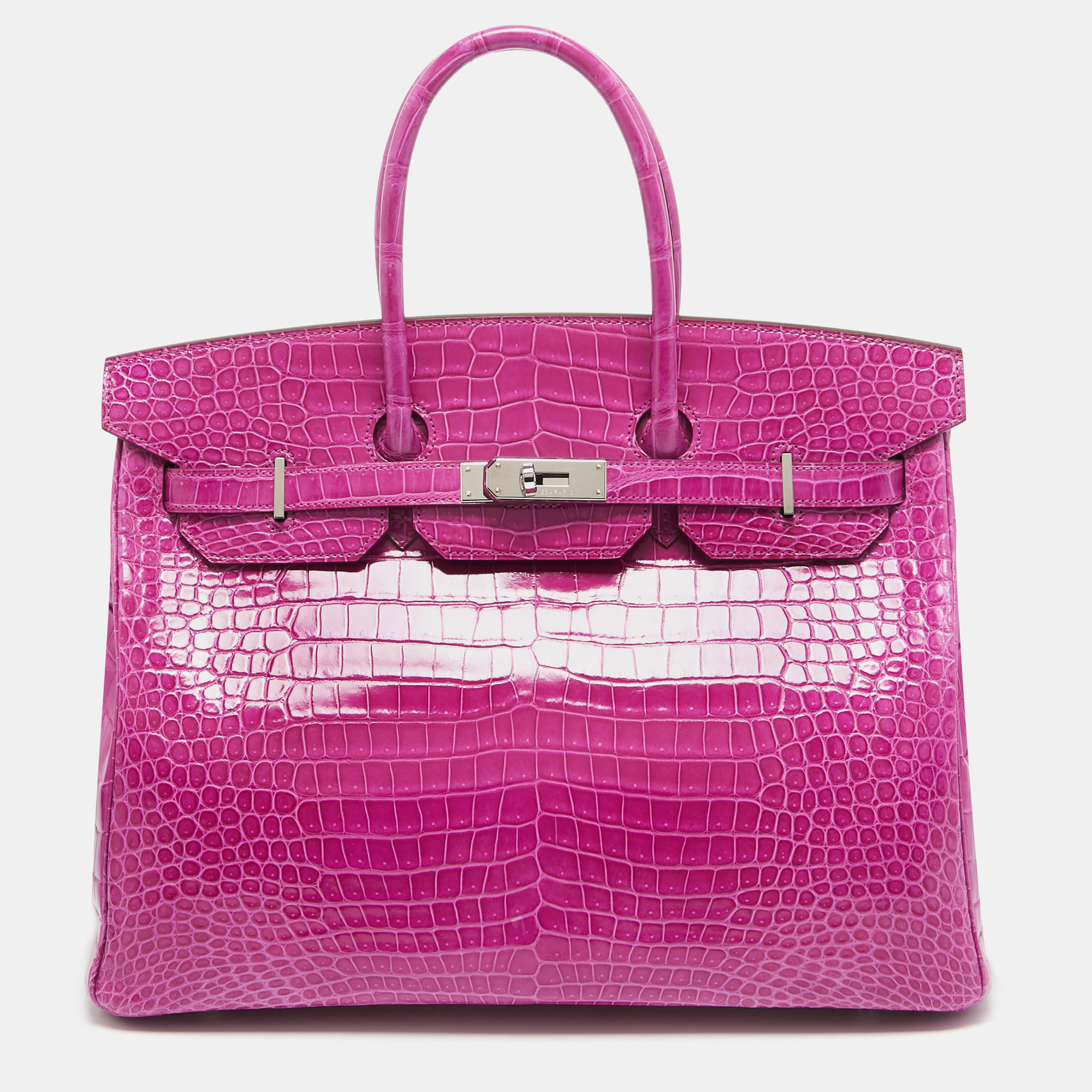

Hermès Rose Sheherazade Shine Porosus Crocodile Palladium Finish Birkin 35, Pink