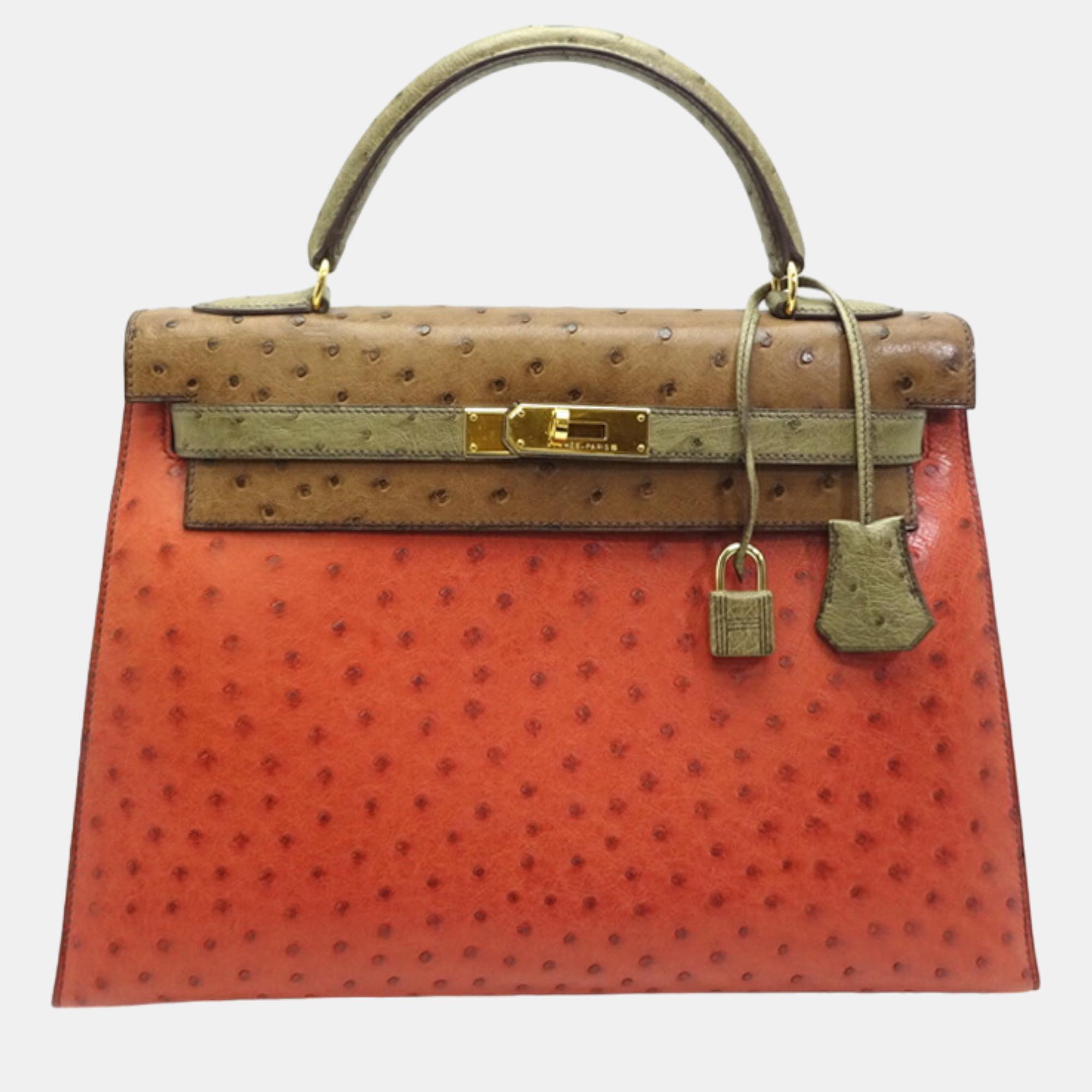 Hermes red ostrich leather kelly sellier 32 handbag