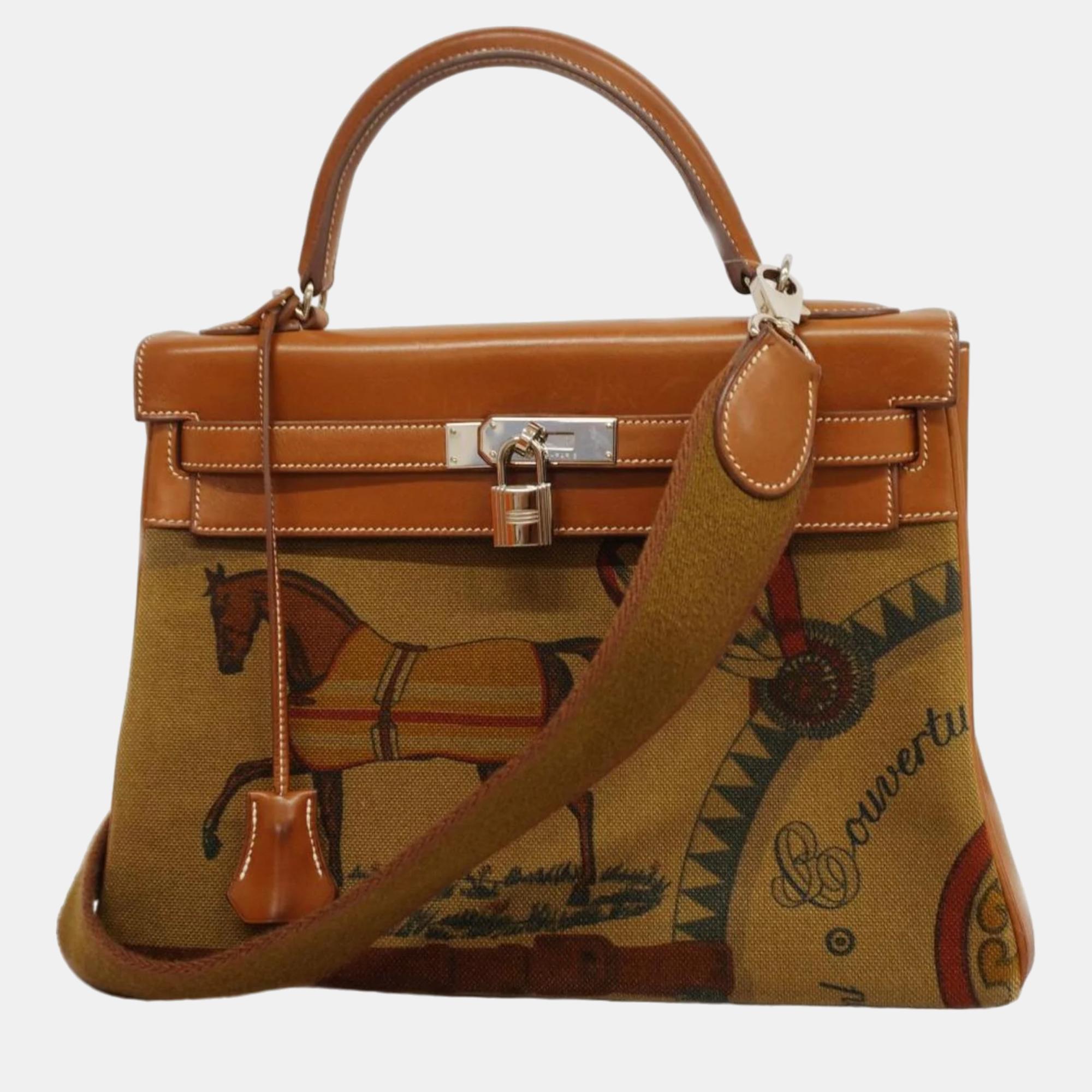 Hermes barenia toile couver faube tundra kelly engraved handbag