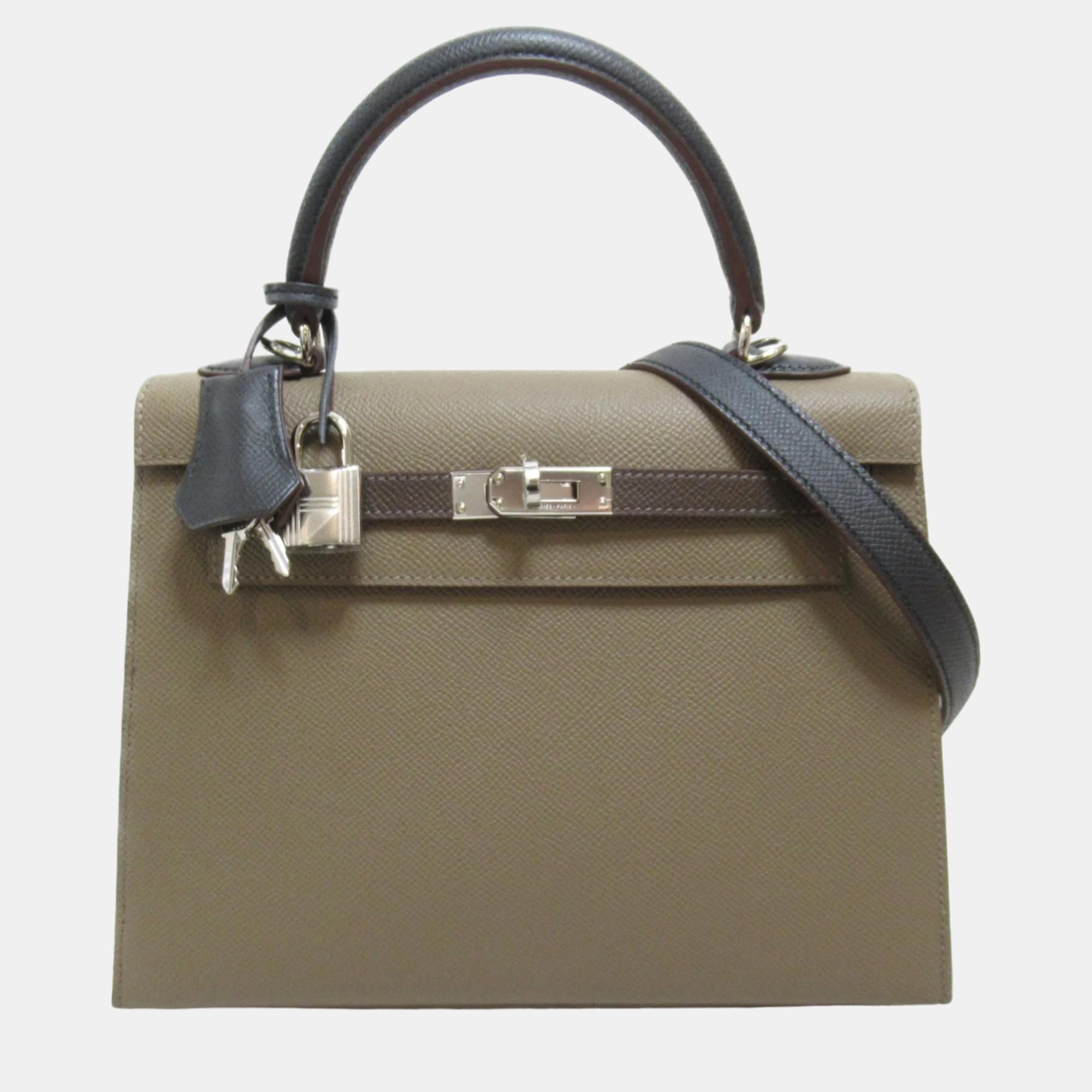 Hermes gray ebenne/black etoupe grey epsom leather kelly handbag