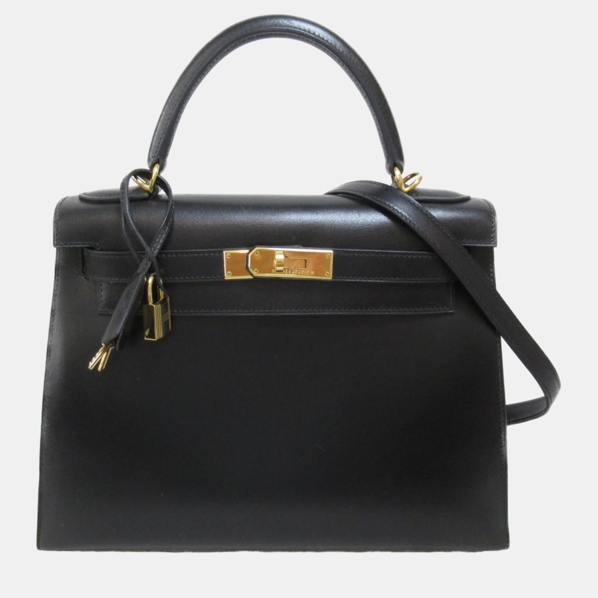 Hermes black box calf leather kelly handbag