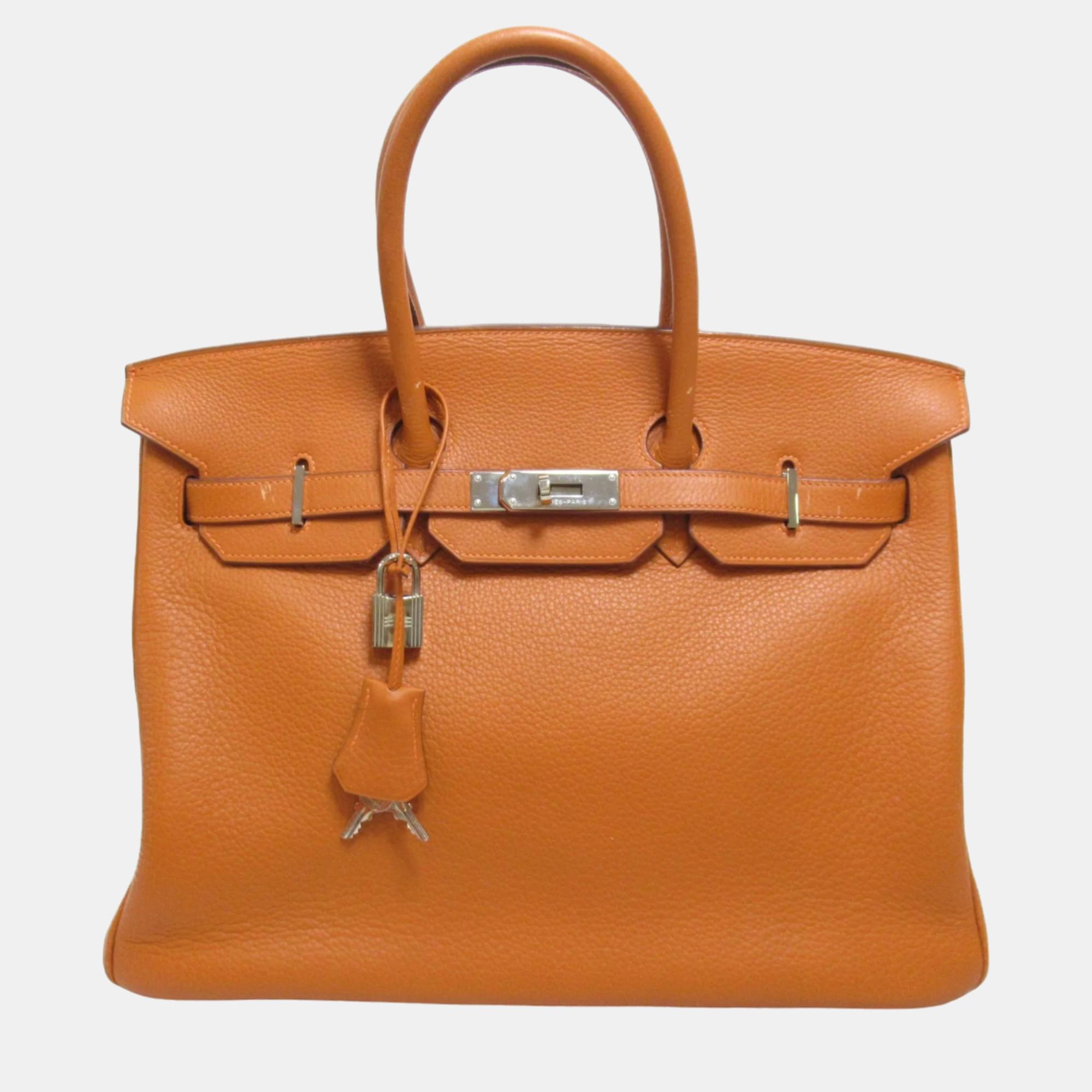 Hermes orange taurillon clemence leather birkin 35 tote bag