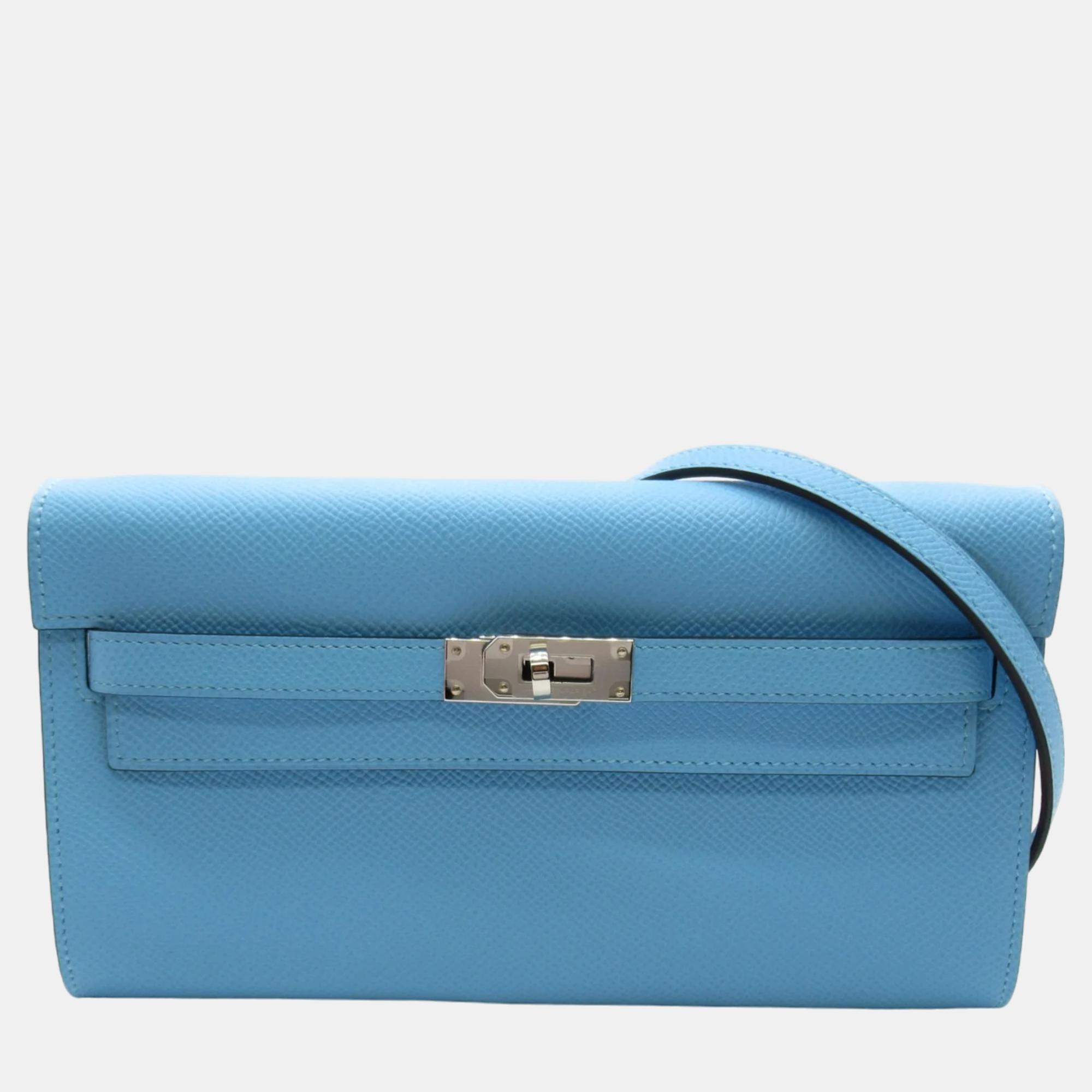 Hermes blue epsom leather kelly to go wallet