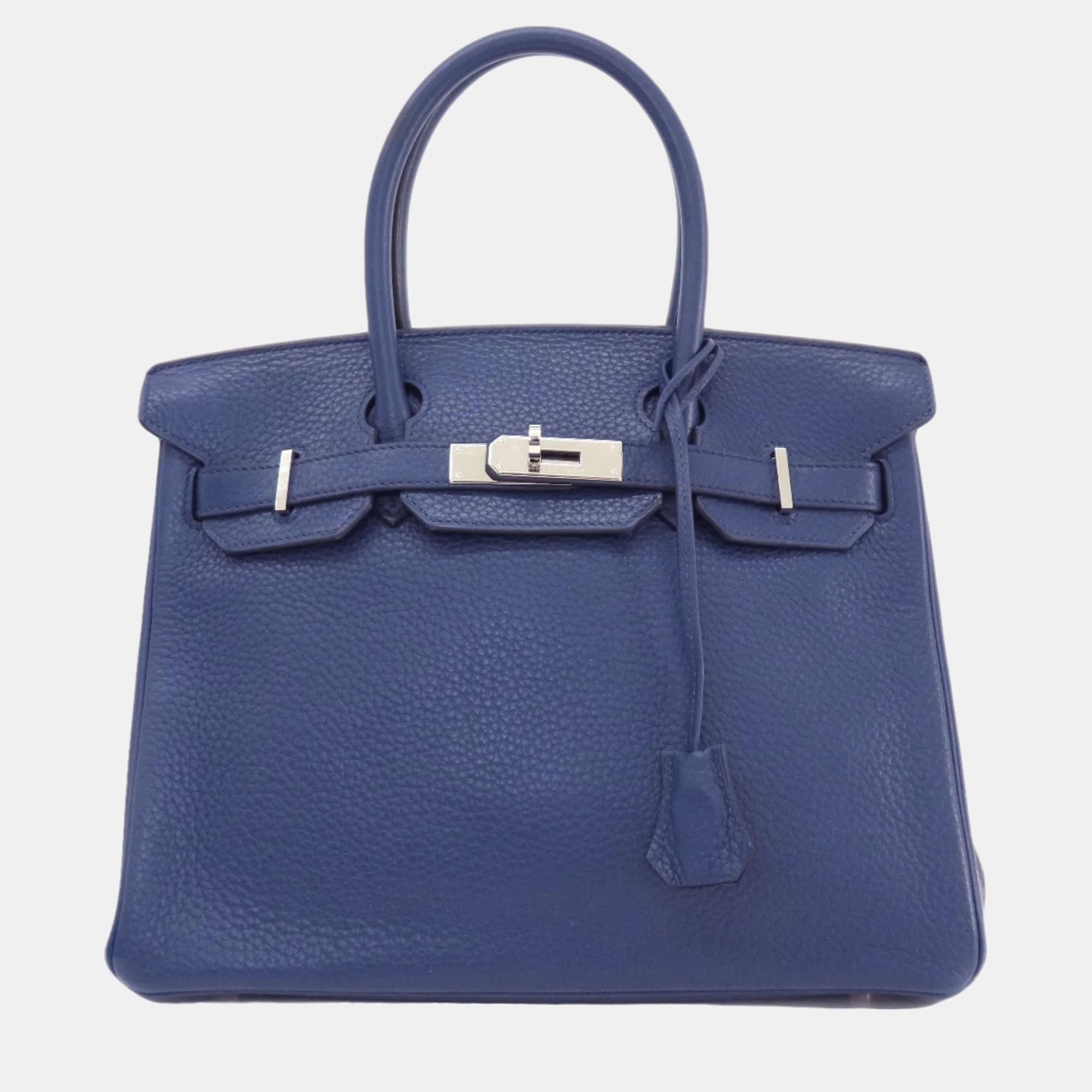 Hermes blue taurillon clemence leather birkin 30 tote bag