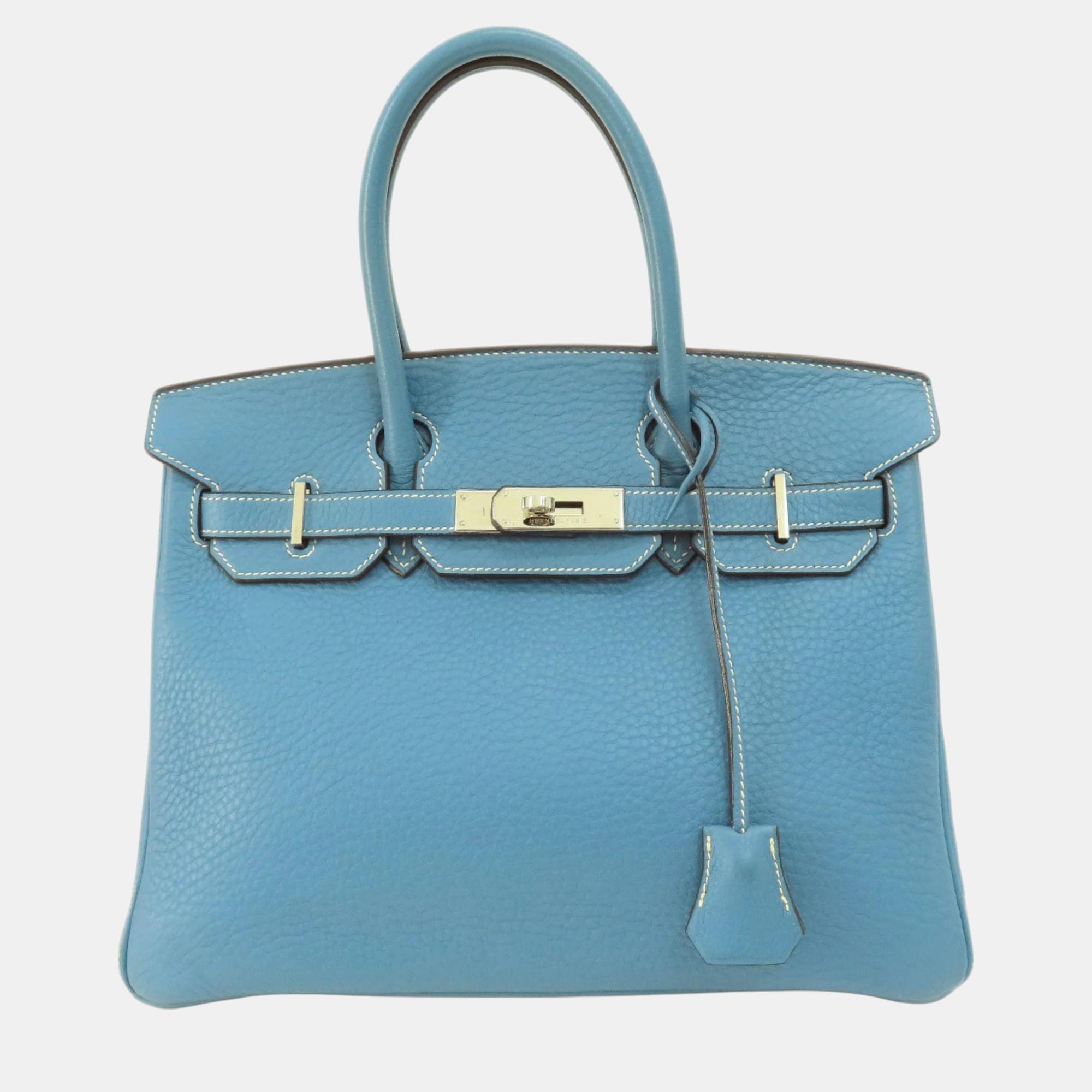 Hermes blue jean taurillon clemence leather birkin 30 tote bag