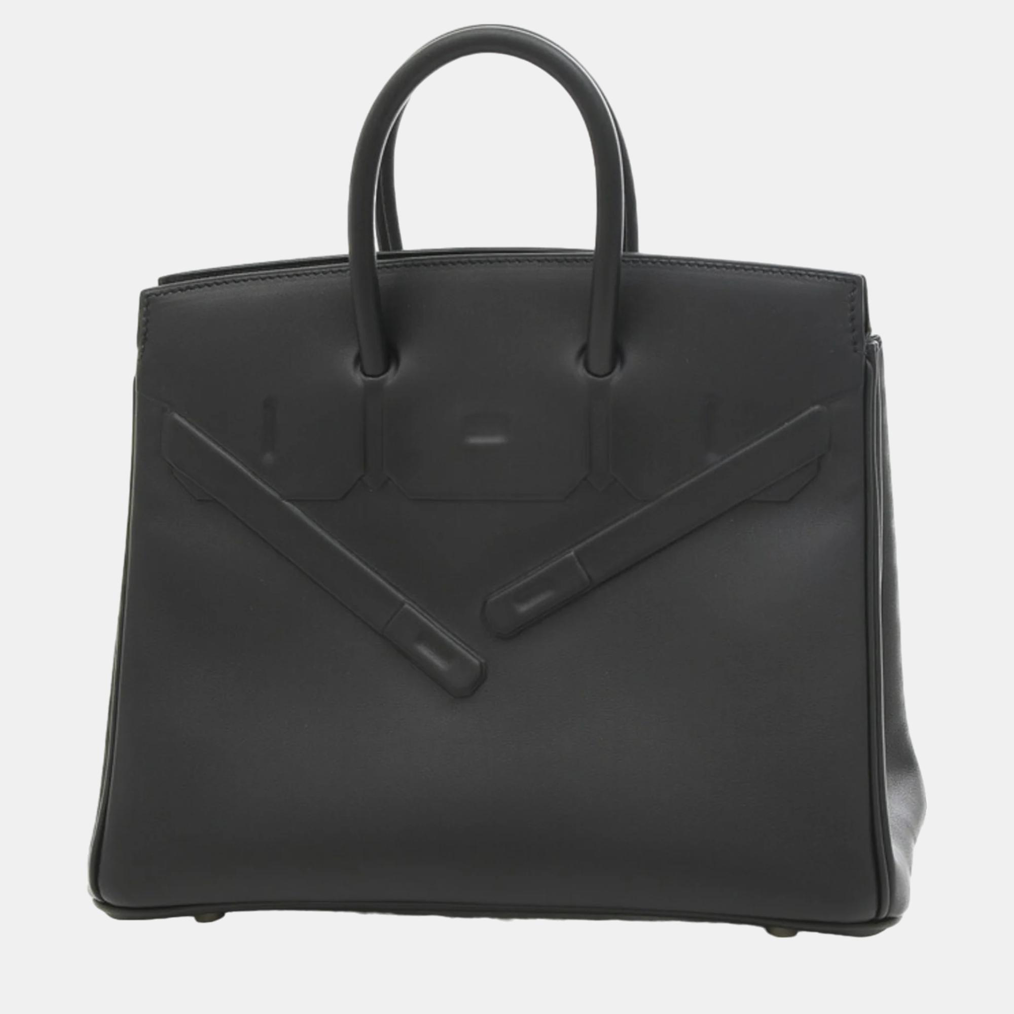 Hermes black swift leather shado birkin 25 tote bag