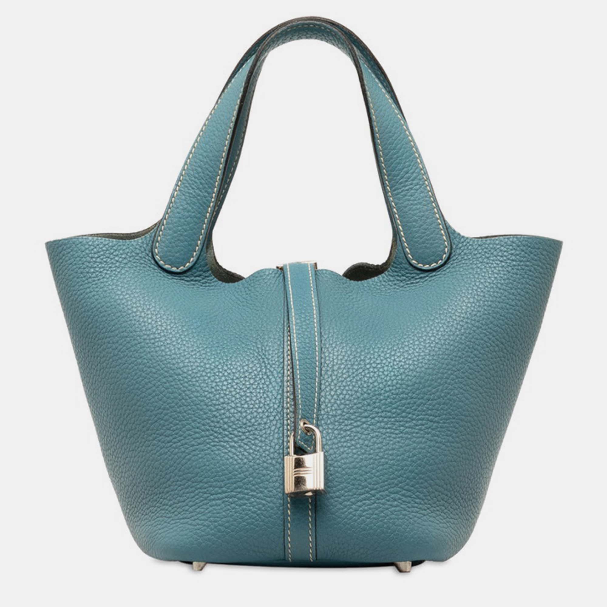Hermes blue leather clemence picotin lock 18 bag