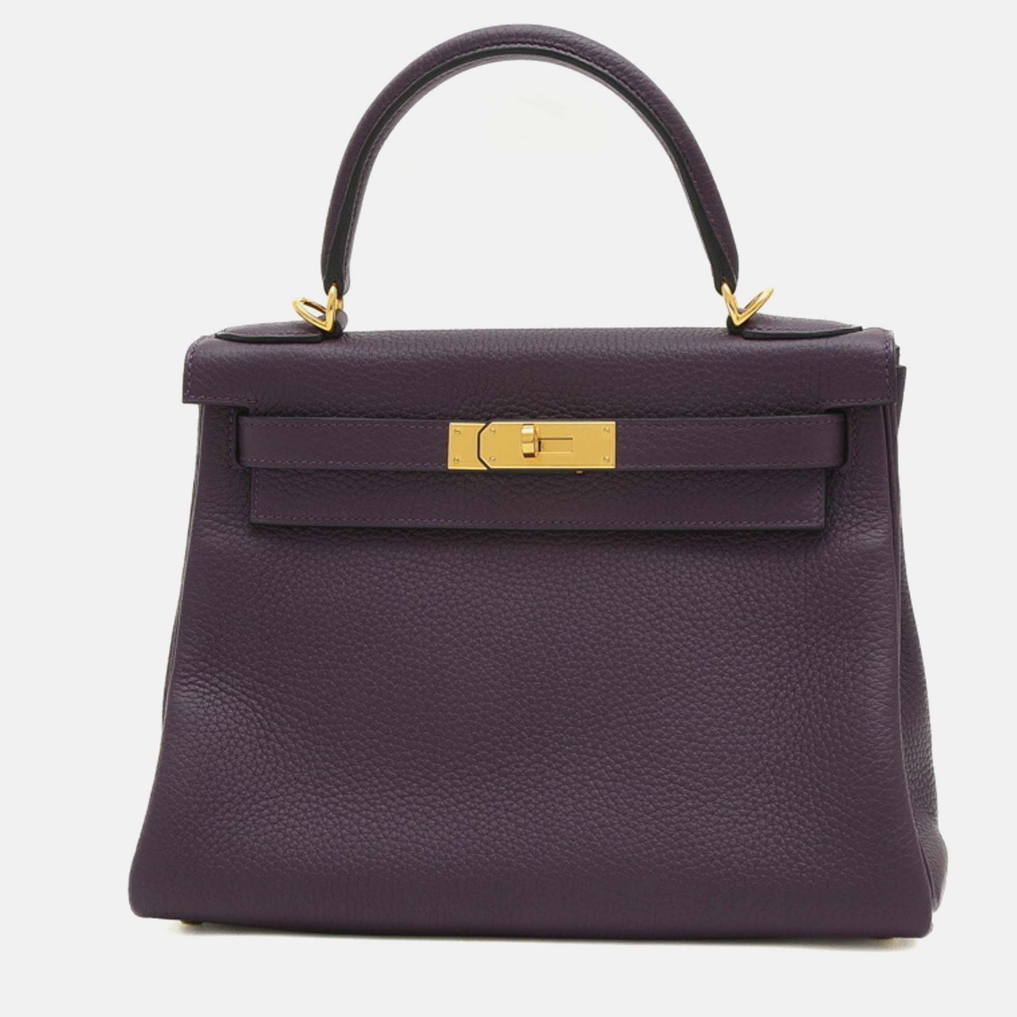 Hermes raisin taurillon clemence leather kelly 28 tote bag