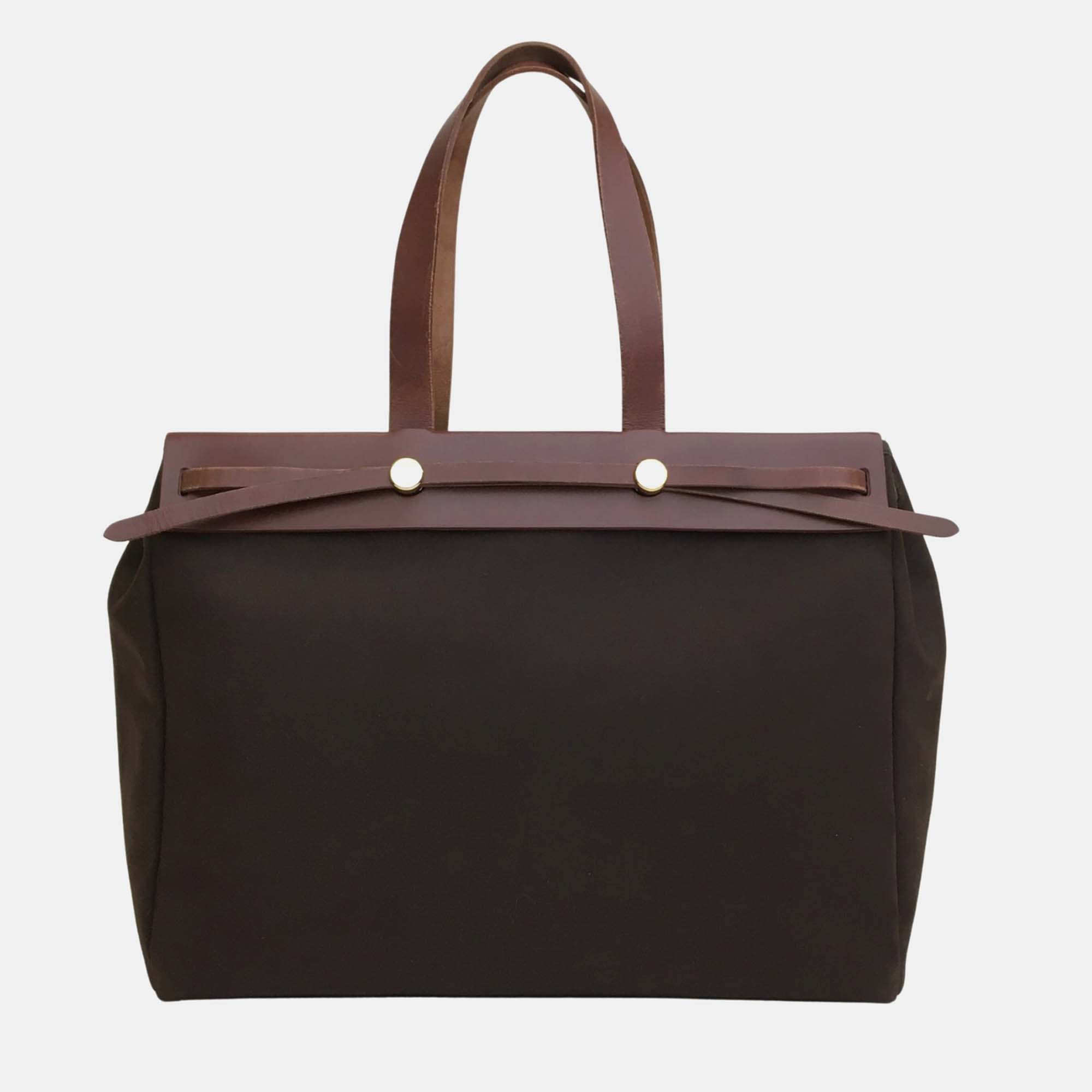 Hermes brown toile canvas and leather herbag mm top handle bag
