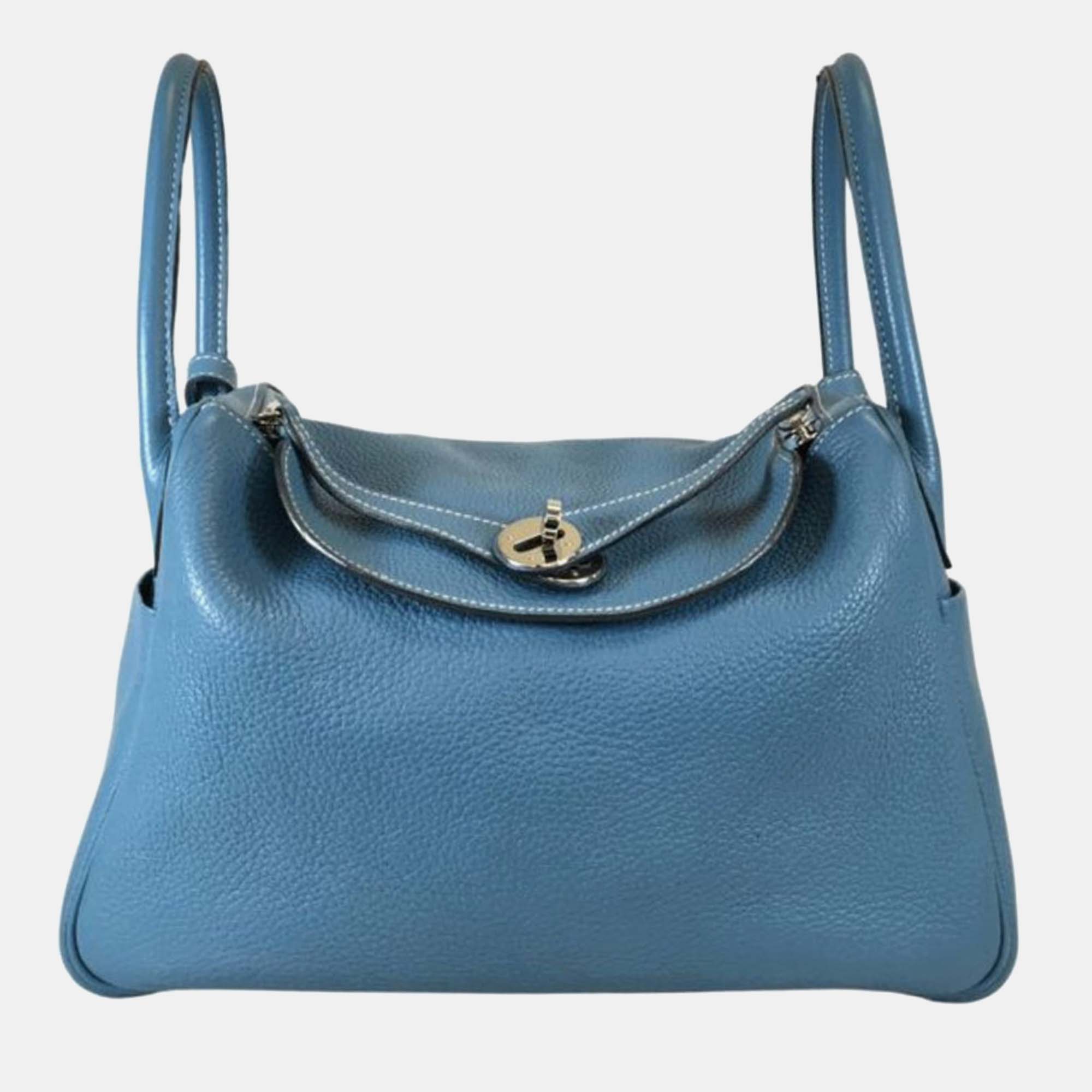 Hermes blue jean clemence leather lindy 30 shoulder bag