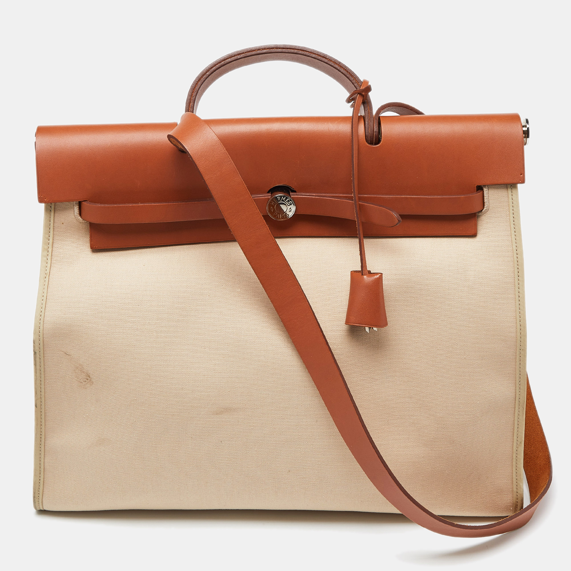 Hermes herm&egrave;s beige/fauve toile canvas and vache hunter leather herbag zip 39 bag