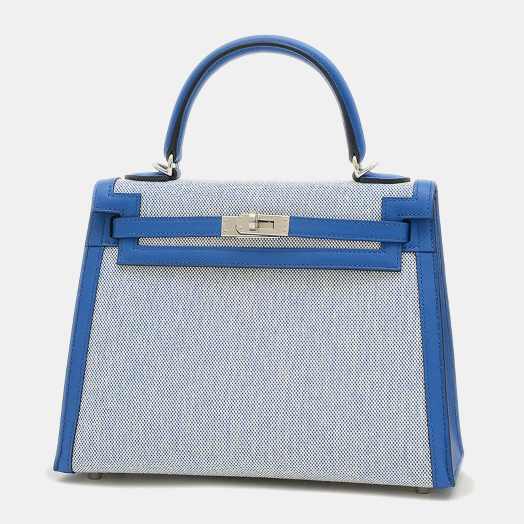 Hermes blue france ecru toile swift kelly 25 handbag